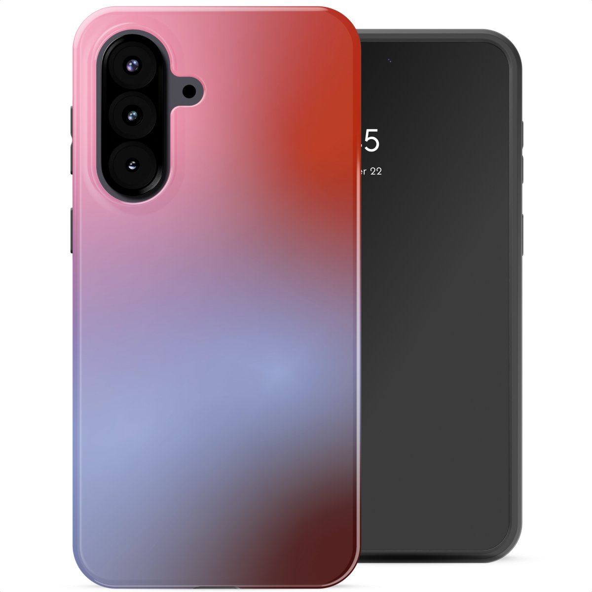 Een smartphone met een roze-rood-blauwe gradiënt hoes staat naast een zwarte smartphone. De hoes heeft drie cameralenzen.