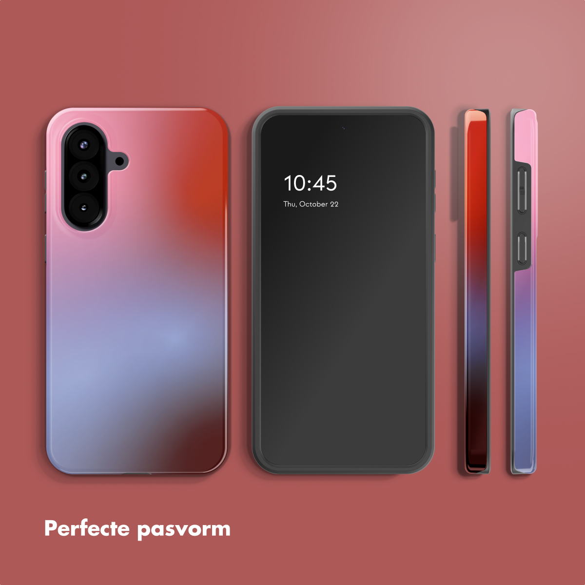 Een telefoon en telefoonhoesjes worden getoond. Hoesjes hebben een verloop van roze, rood en blauw. De telefoon toont de tijd: 10:45.