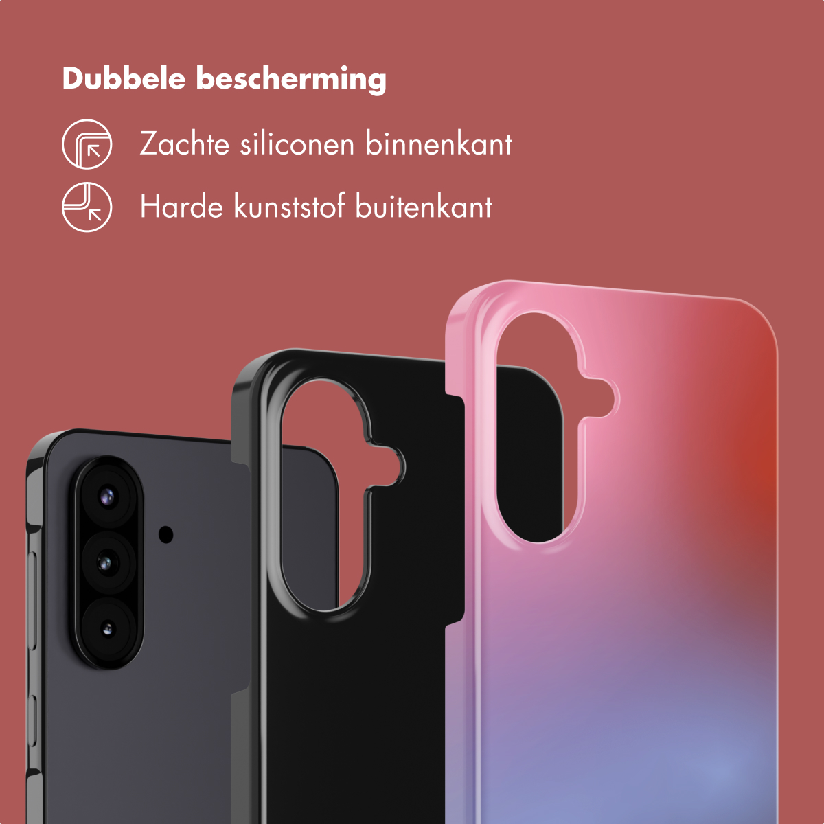 Drie telefoonhoesjes: zwart, roze/paarse gradiënt en een telefoon. Tekst: Dubbele bescherming, zachte siliconen binnenkant, hard plastic buitenkant.