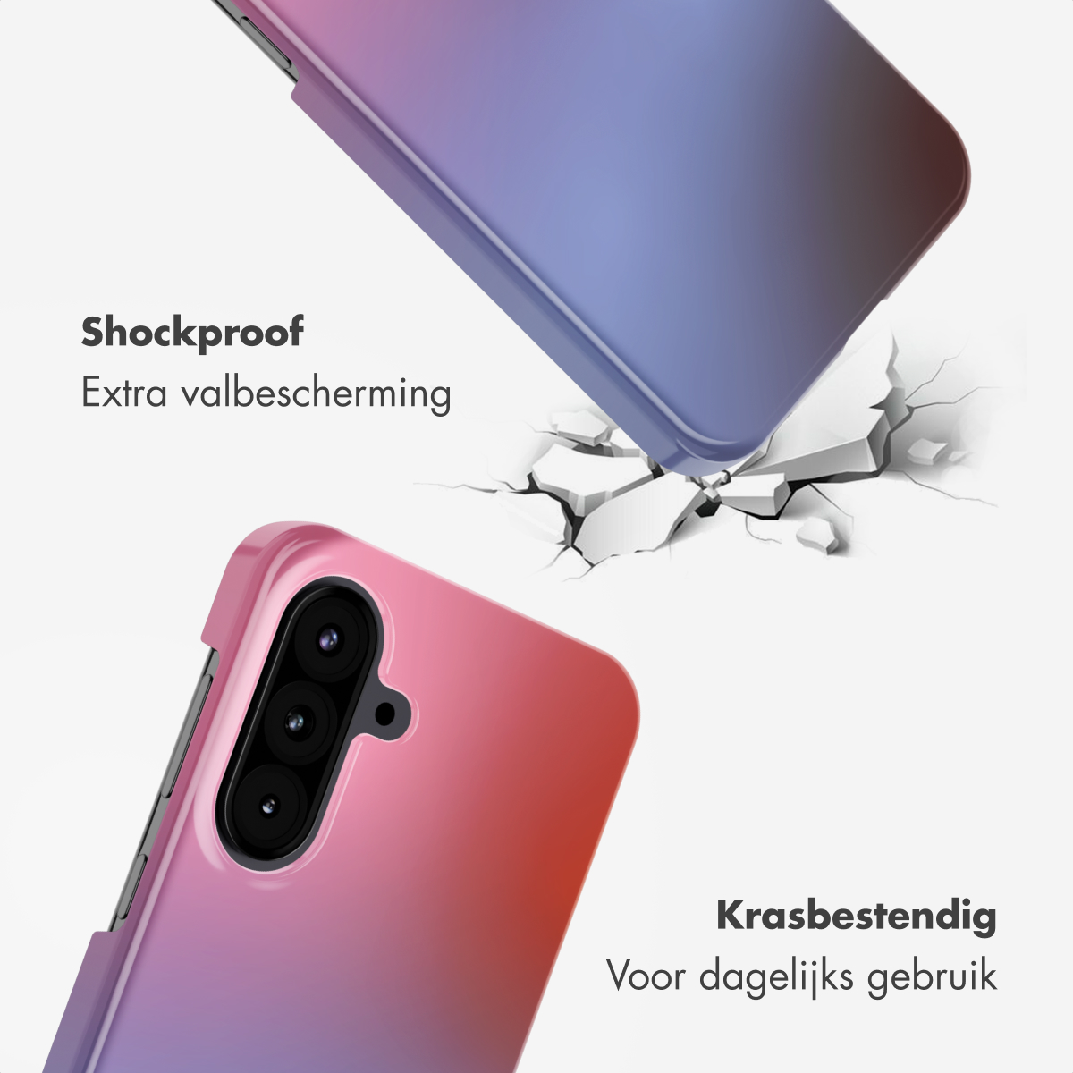 Telefoonhoesje met verloopkleuren. De hoes is schokbestendig en krasbestendig. De achtergrond toont scheuren.