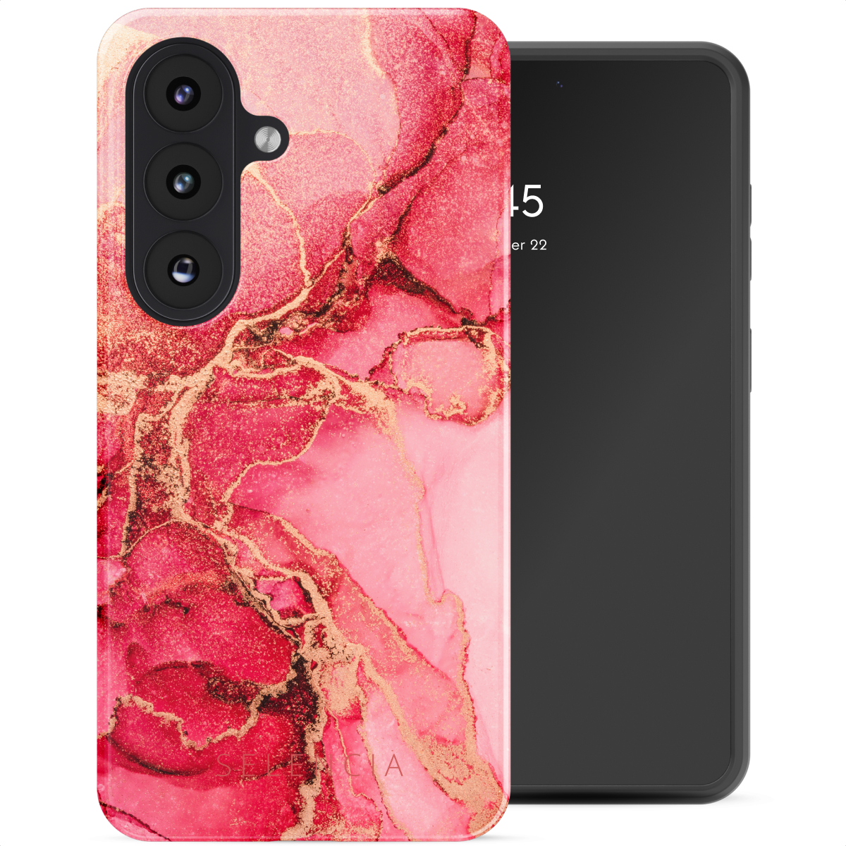 Een telefoon met een rode en gouden marmeren hoes naast een zwarte telefoon. Het scherm toont de datum.