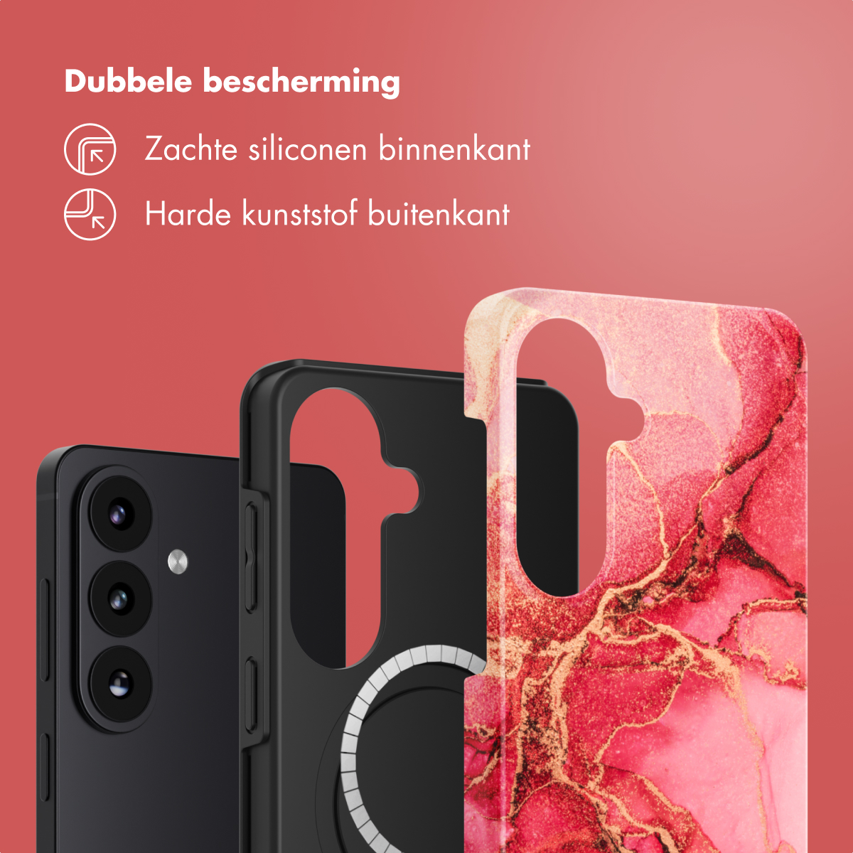Een telefoonhoesje met een zwarte telefoon en twee hoeslagen op een rode achtergrond. Eén laag heeft een marmerontwerp.