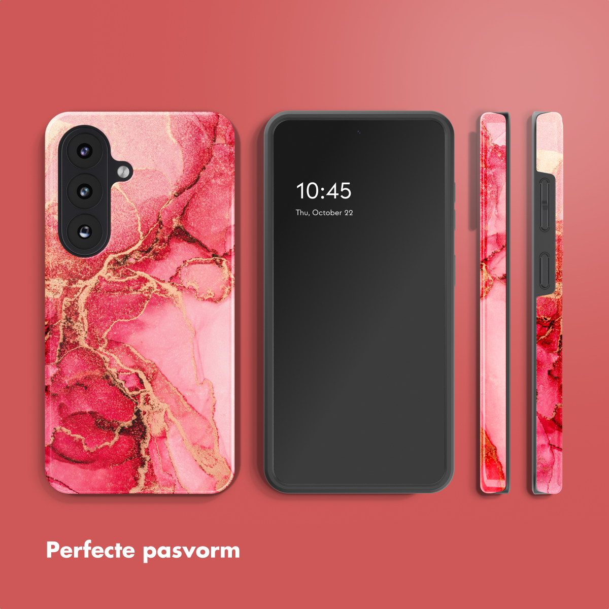 Een telefoon en zijn hoesje. De hoes heeft een rood en goud marmer design. Het telefoonscherm toont de tijd.