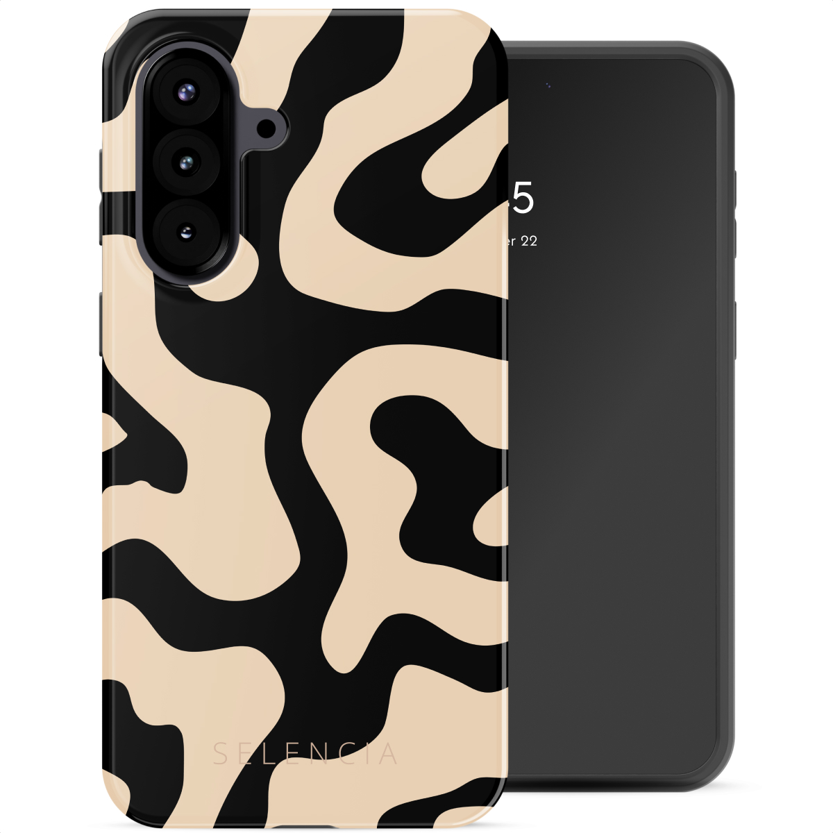 Een telefoon met een zwart en beige wervelpatroon. De telefoon ernaast is zwart en toont de datum.