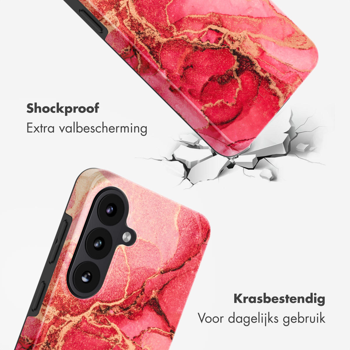 Telefoonhoesjes in rood marmer ontwerp met gouden aderen. Eén hoesje breekt een oppervlak. Tekst zegt 'Schokbestendig' en 'Krasbestendig'.