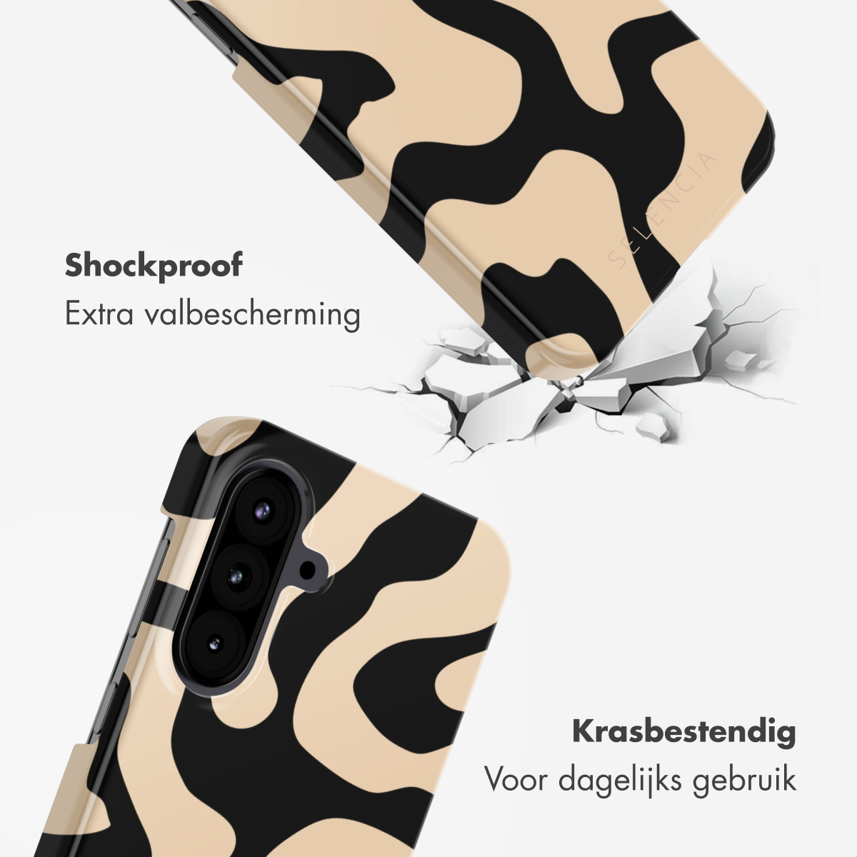 Een telefoonhoesje met een zwart en beige patroon. De hoes breekt een oppervlak, met de labels 'Shockproof' en 'Krasbestendig'.