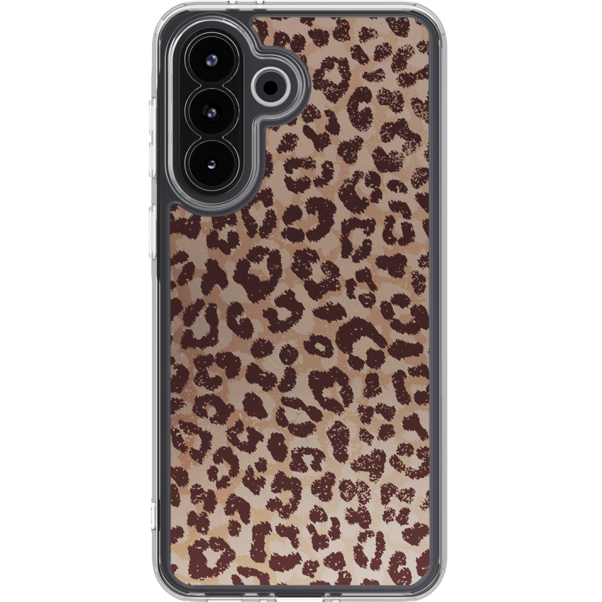Una custodia per telefono con motivo leopardato. La custodia è trasparente con un motivo leopardato marrone e beige. È visibile una tripla fotocamera.