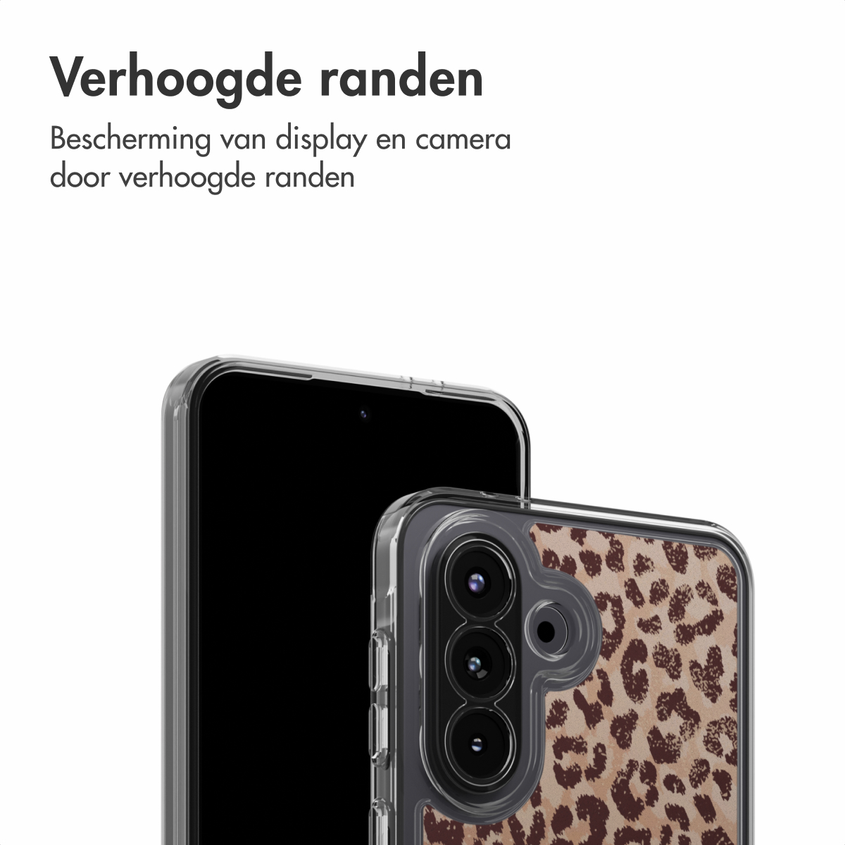 Due smartphone, uno nero, uno con custodia leopardata. Custodia trasparente sul telefono con lenti della fotocamera. Testo: Verhoogde randen.