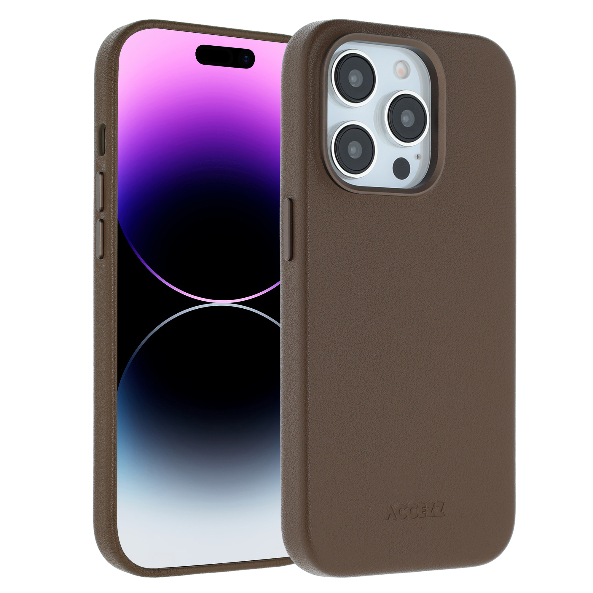 Coque de téléphone marron avec un téléphone à l'intérieur. L'écran a un dégradé violet et noir. La coque porte la marque ACCEZZ.