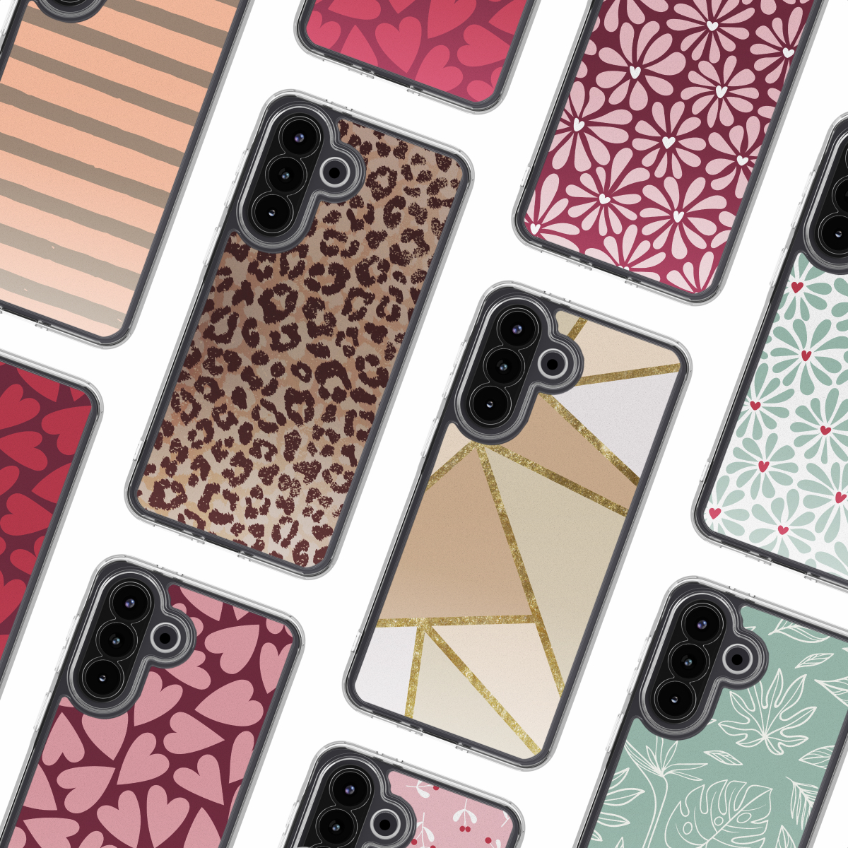Una collezione di custodie per telefoni con vari design: stampa leopardata, cuori, fiori, motivi geometrici e foglie, il tutto su sfondo bianco.