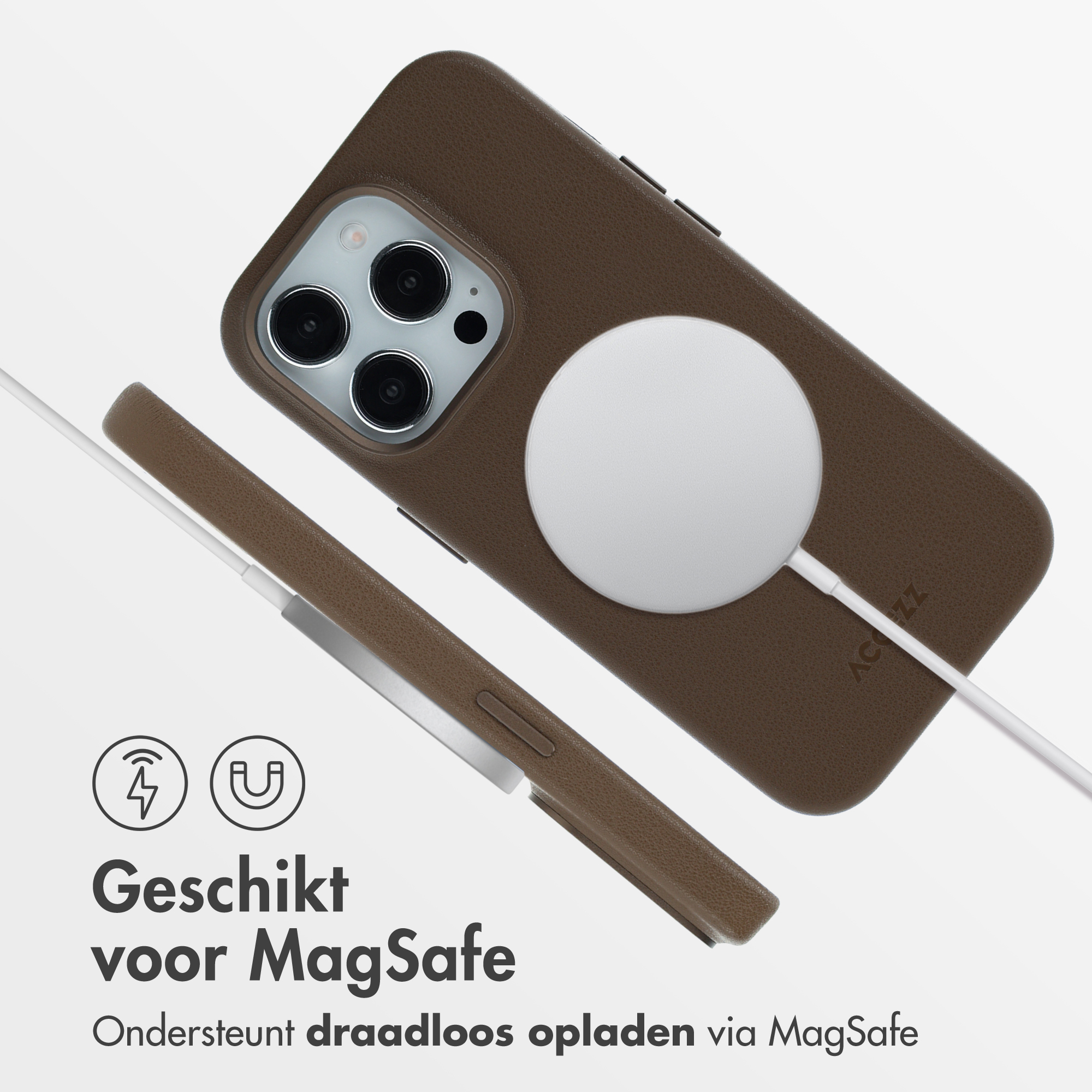 Coque de téléphone marron avec chargeur MagSafe. Fond blanc. Texte : Compatible MagSafe. Charge sans fil supportée.
