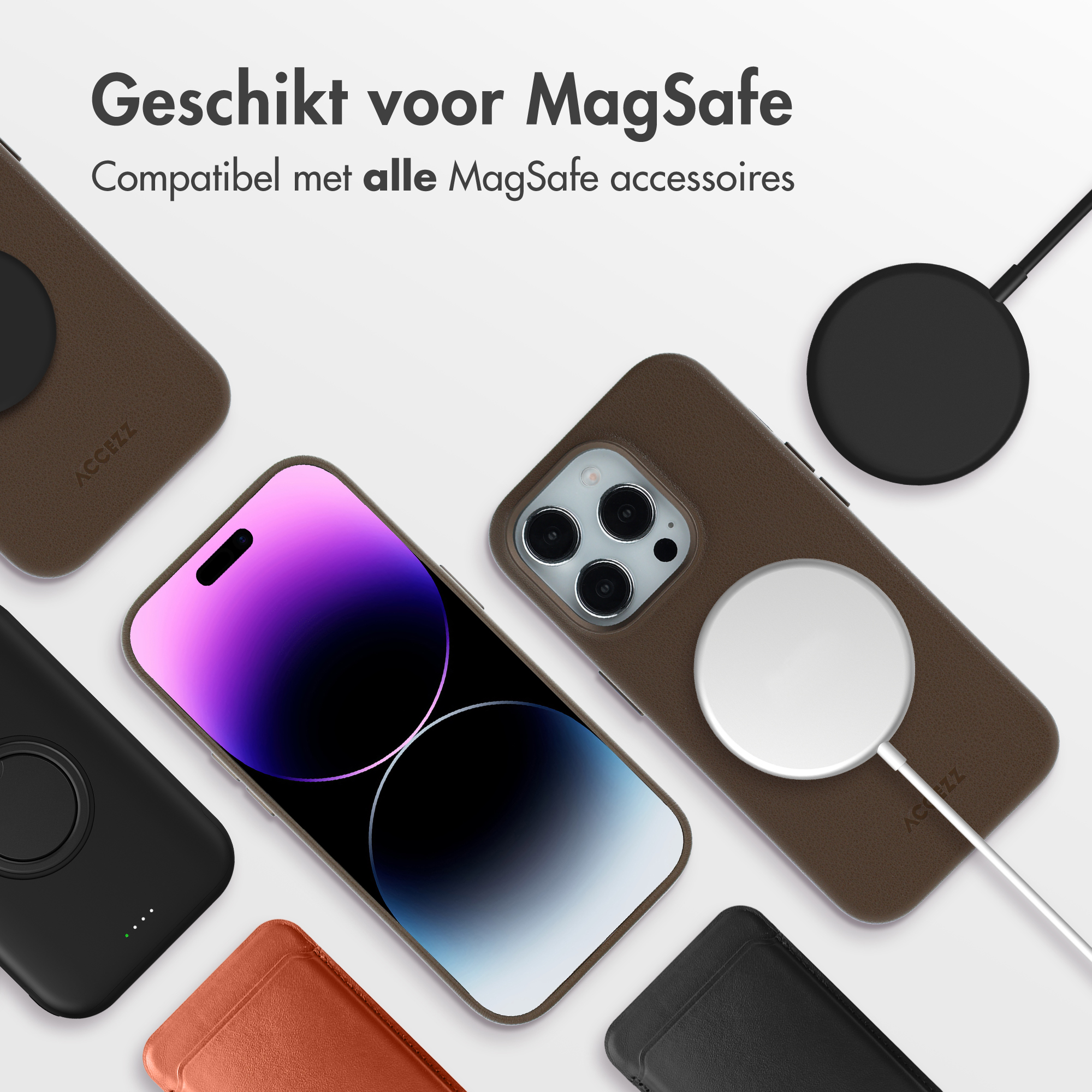 L'image montre des téléphones et des accessoires, y compris des chargeurs et des étuis, tous compatibles avec la technologie MagSafe.