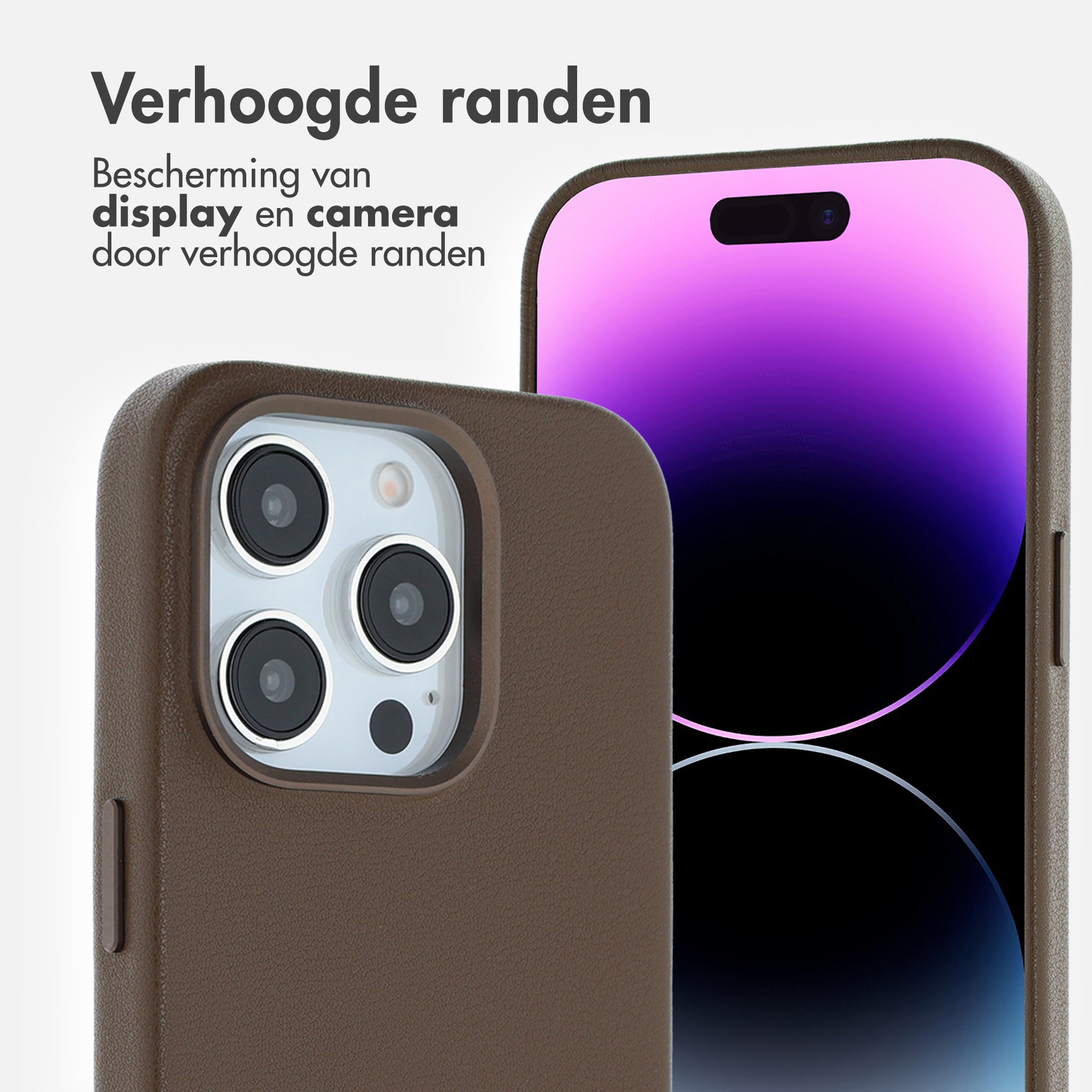 Coque de téléphone marron avec bords surélevés protégeant un téléphone à écran violet. Texte : Protection d'écran.