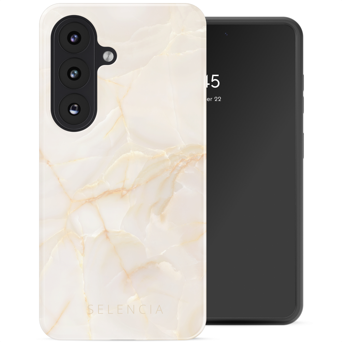 Een telefoonhoesje met een marmerontwerp naast een zwarte smartphone. De telefoon geeft de tijd weer. De hoes heeft een camera.