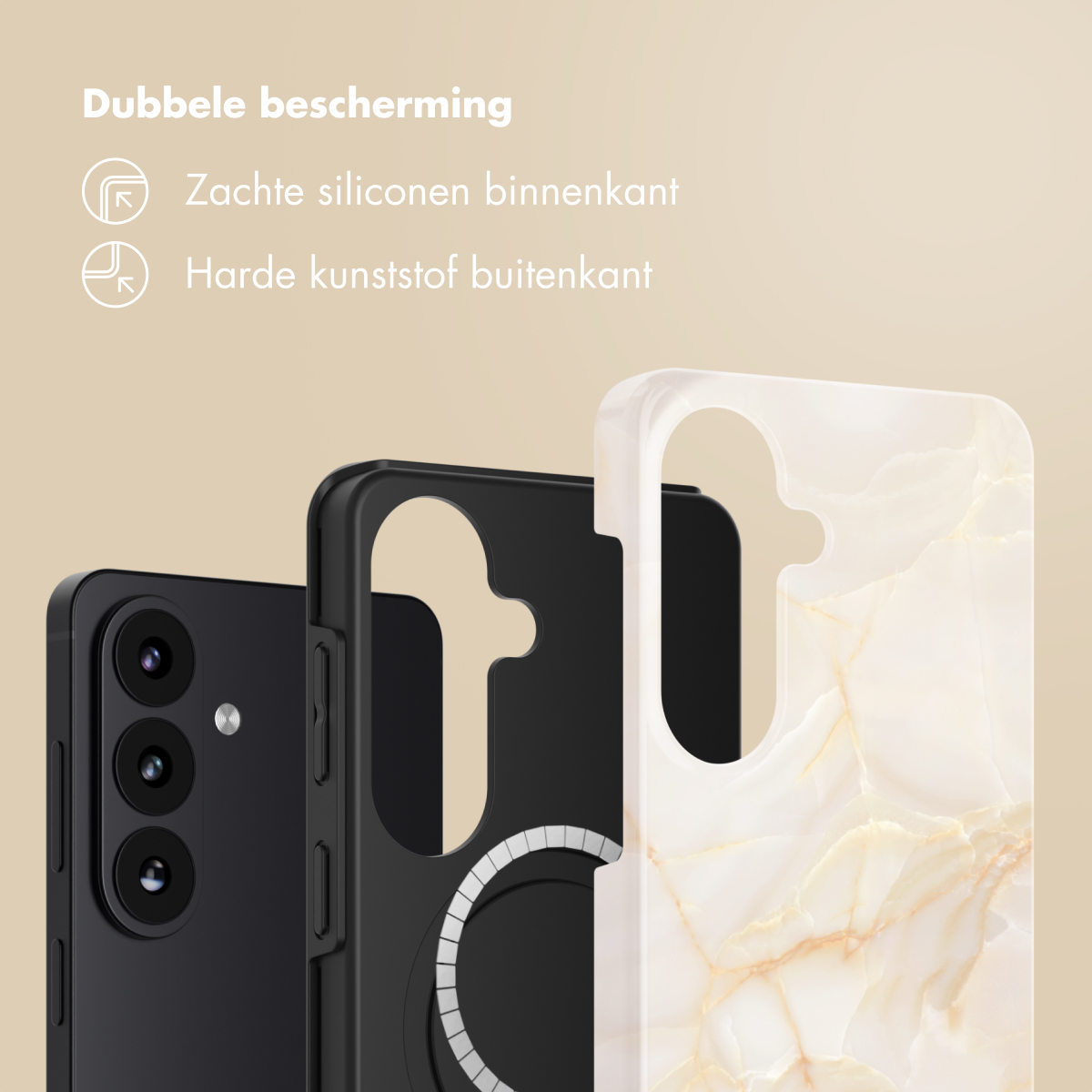 Afbeelding toont telefoonhoesjes, met een telefoon aan de linkerkant. De hoesjes zijn zwart en wit, een met een marmerpatroon.