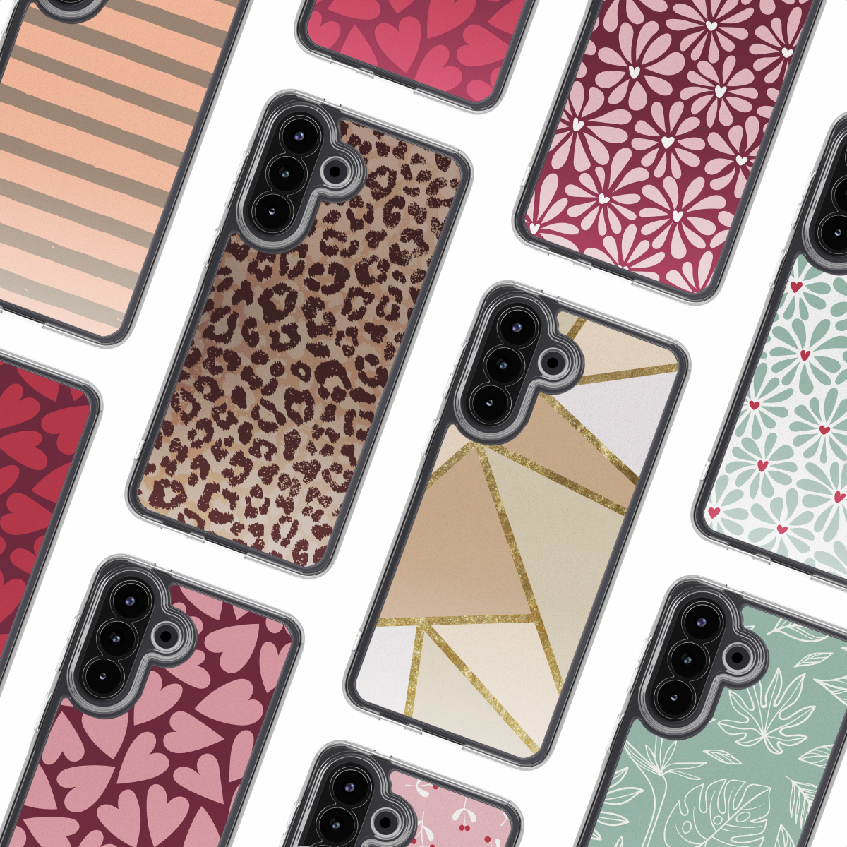 Collezione di custodie per telefoni. Vari disegni: stampa leopardata, geometrica, floreale e a cuore. Le custodie hanno coperture protettive trasparenti.