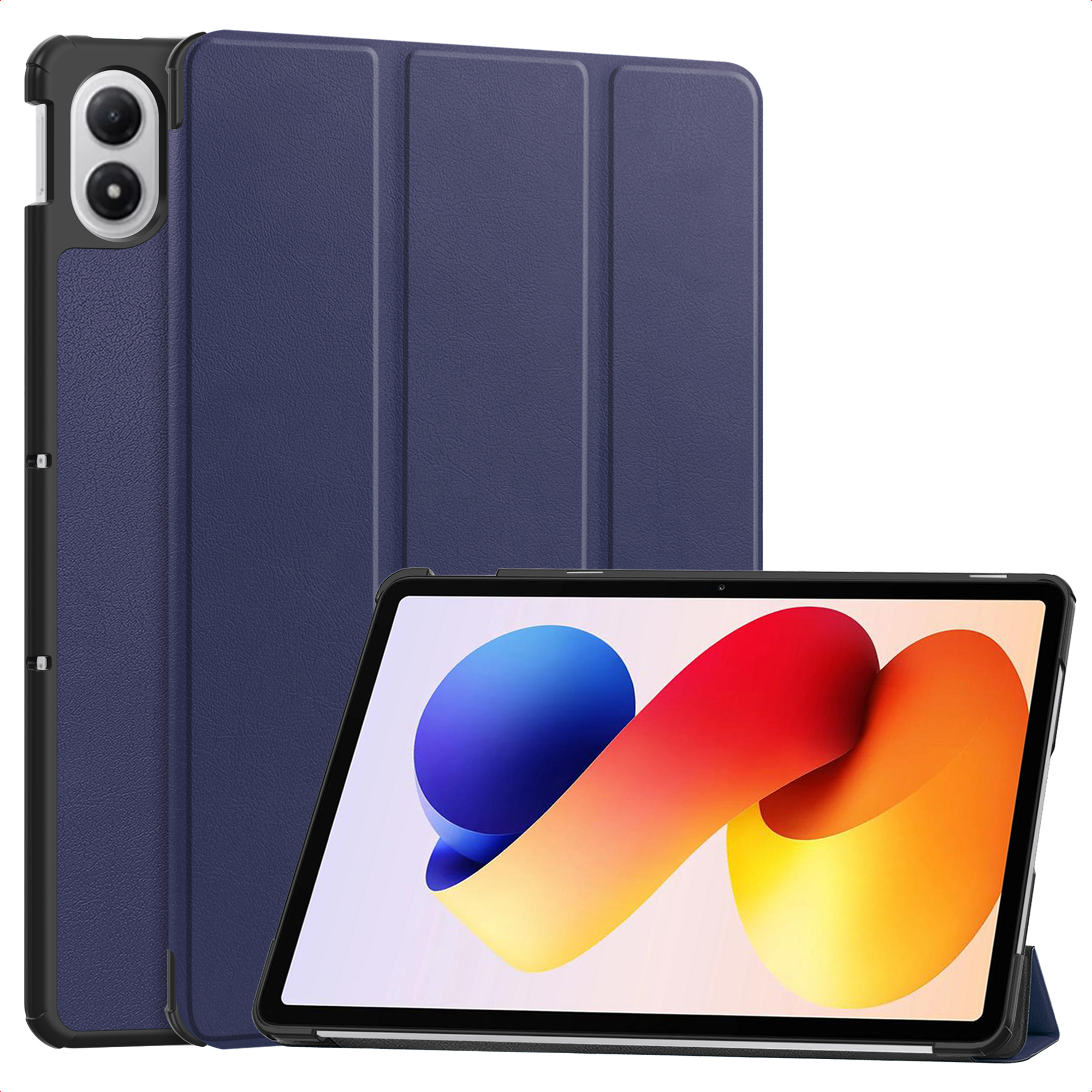 Tablette avec une housse bleue, affichant un design abstrait coloré sur l'écran. La housse est fermée et debout.