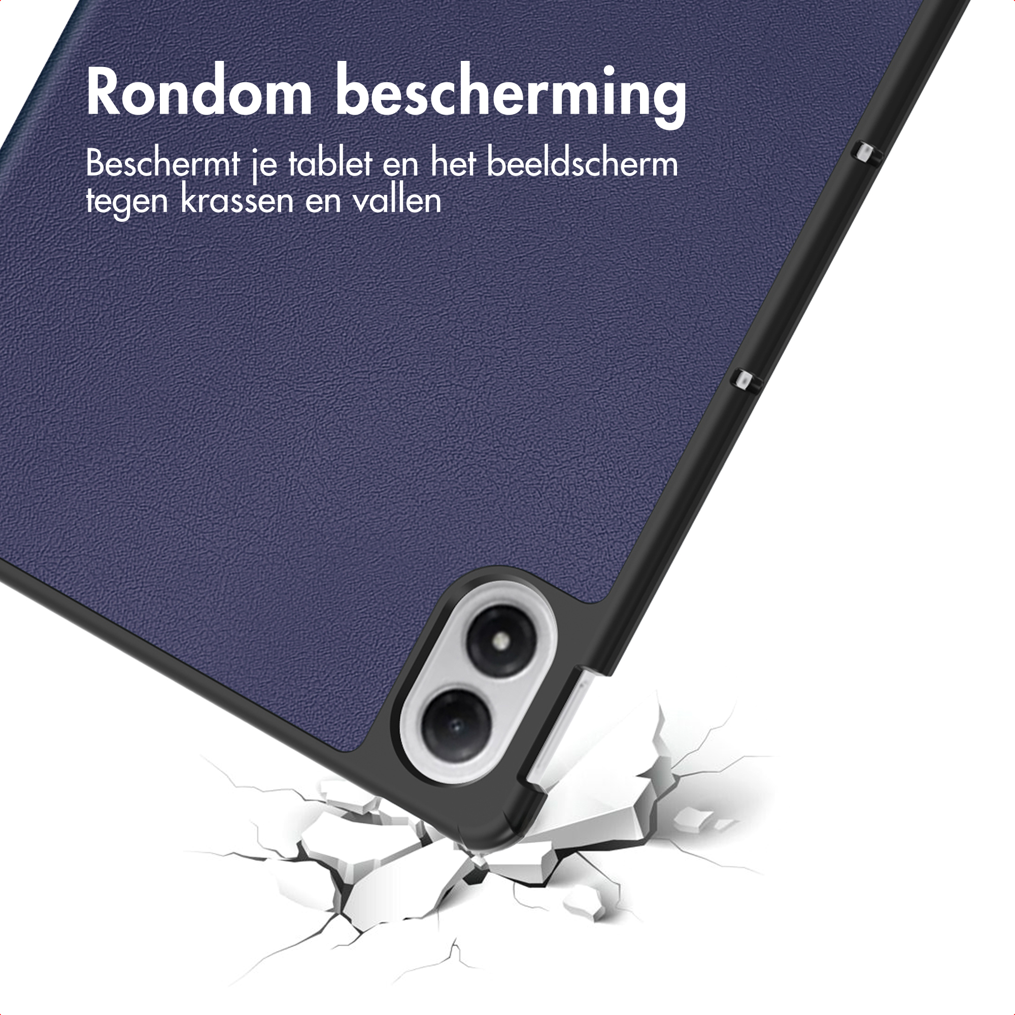 Étui de tablette bleu sur fond blanc, brisant le sol en dessous. Le texte dit 'Rondom bescherming'.