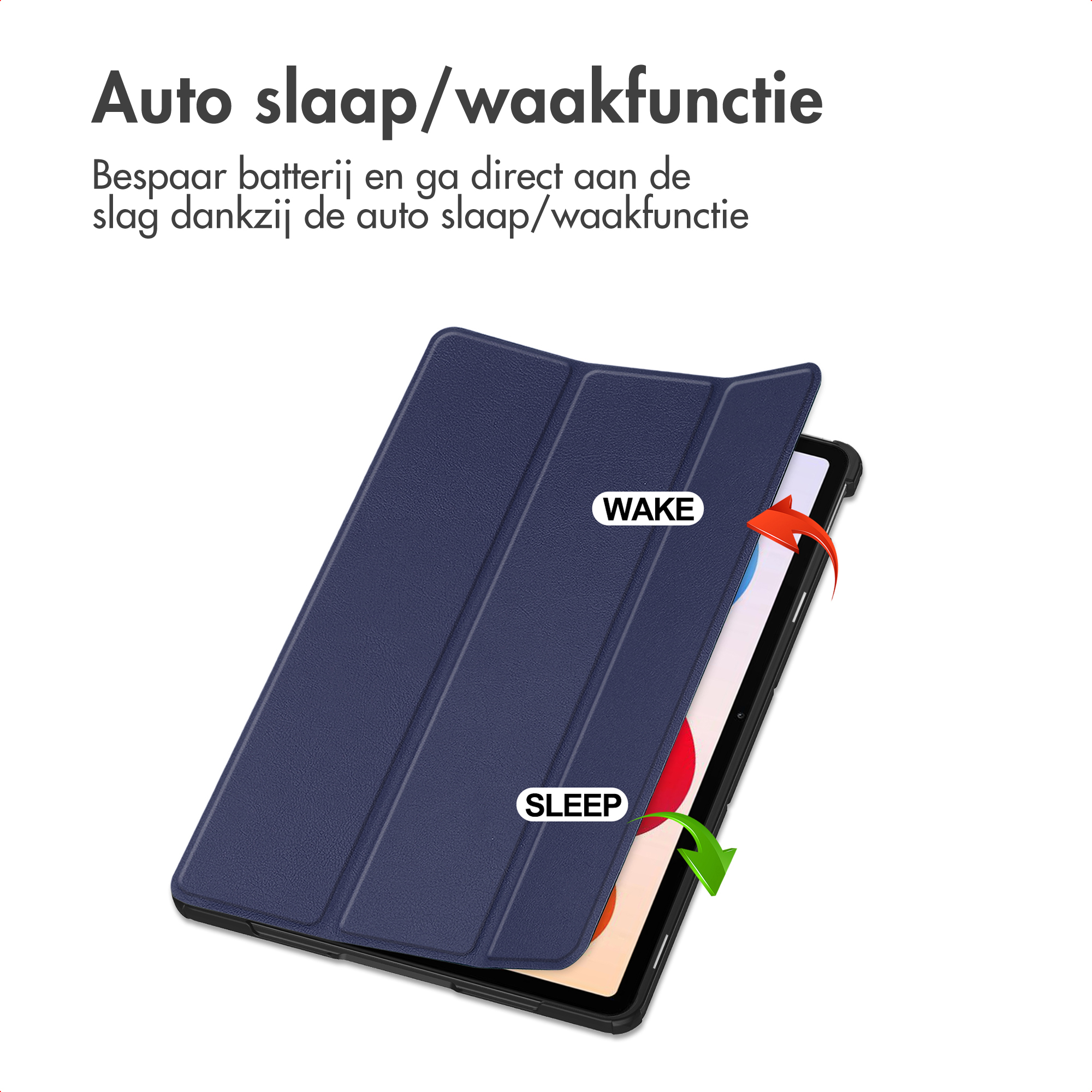 Une tablette avec une coque bleue est montrée. La coque est ouverte, avec des flèches indiquant la fonction de réveil/veille.