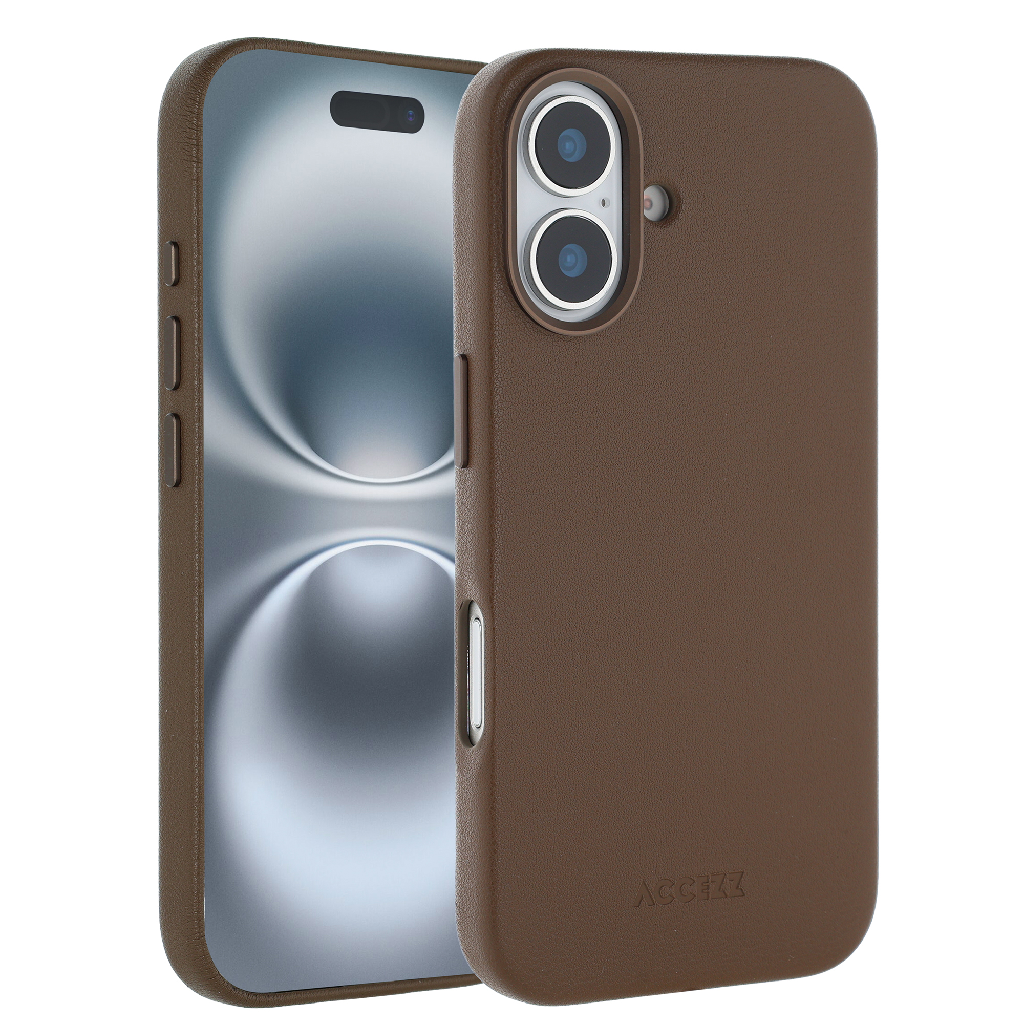 Un étui de téléphone marron avec un téléphone à l'intérieur. L'étui a des trous pour l'appareil photo et des boutons. L'écran du téléphone est visible.