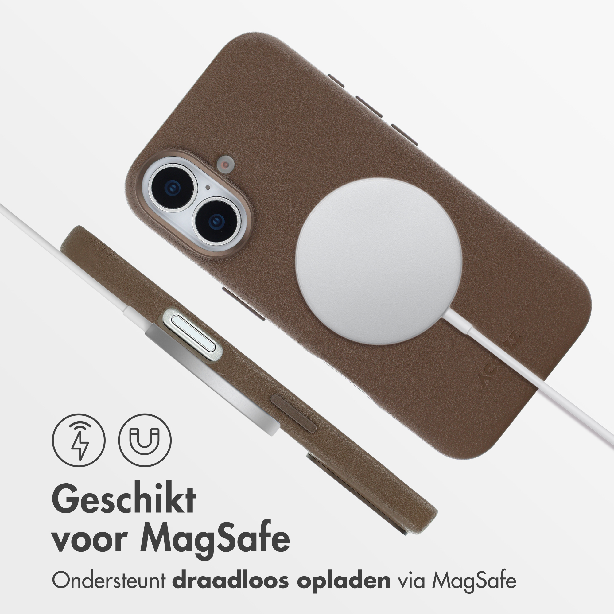 Coque de téléphone marron avec chargeur MagSafe blanc, reliés par câble. Texte : Convient pour MagSafe. Prend en charge la charge sans fil.