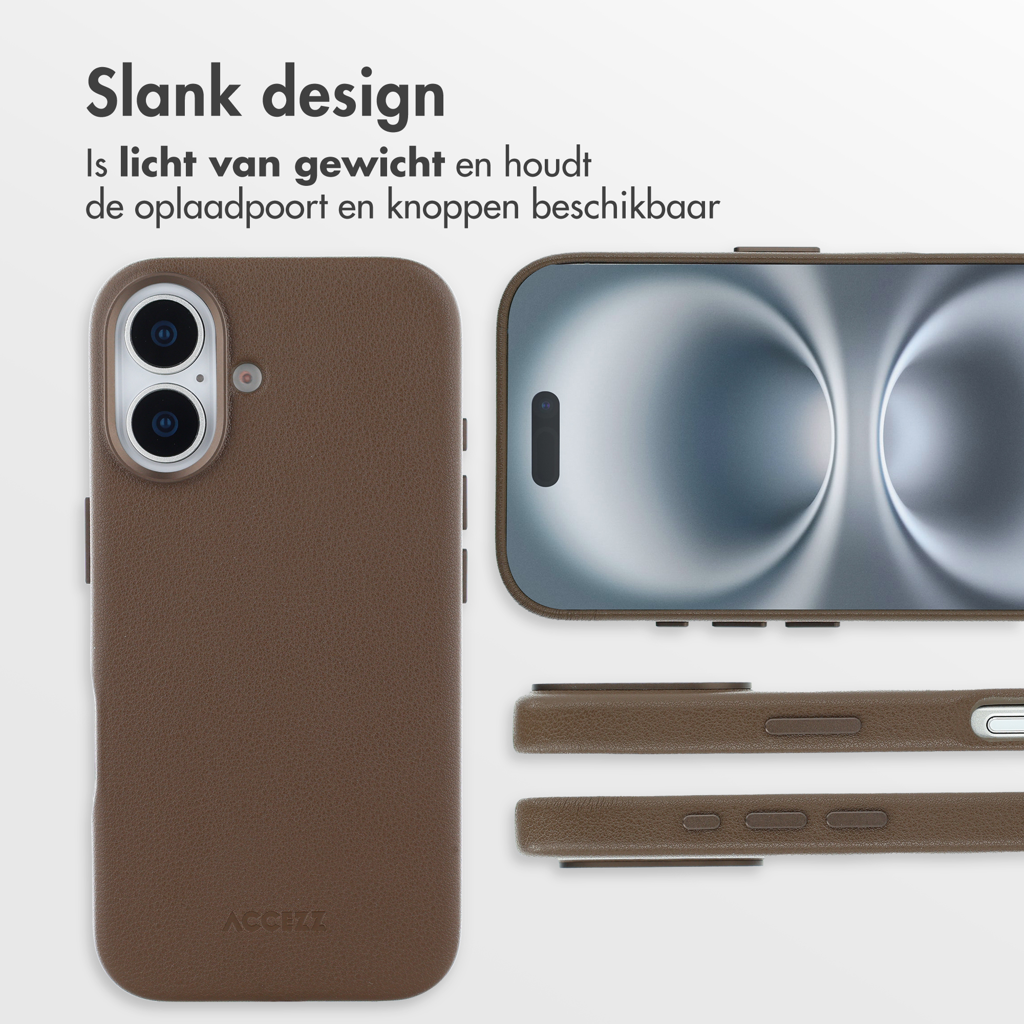 Une coque de téléphone marron avec un téléphone. La coque a une découpe pour l'appareil photo, des boutons et un port de charge.