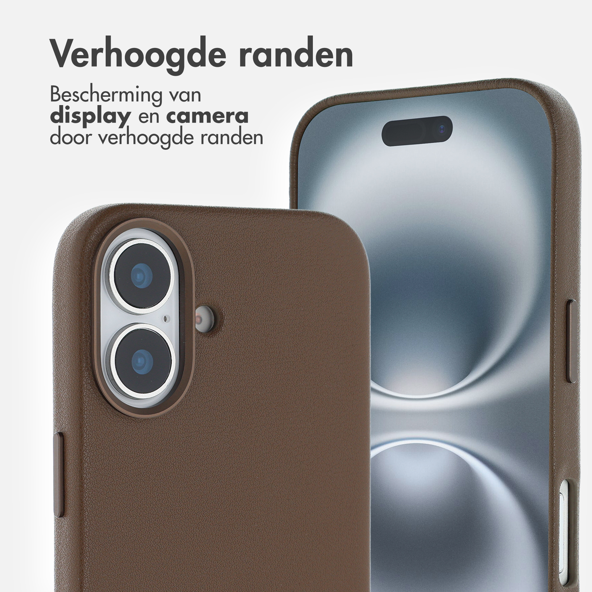 Deux étuis de téléphone bruns présentant une protection de l'appareil photo et de l'écran. Texte en néerlandais.