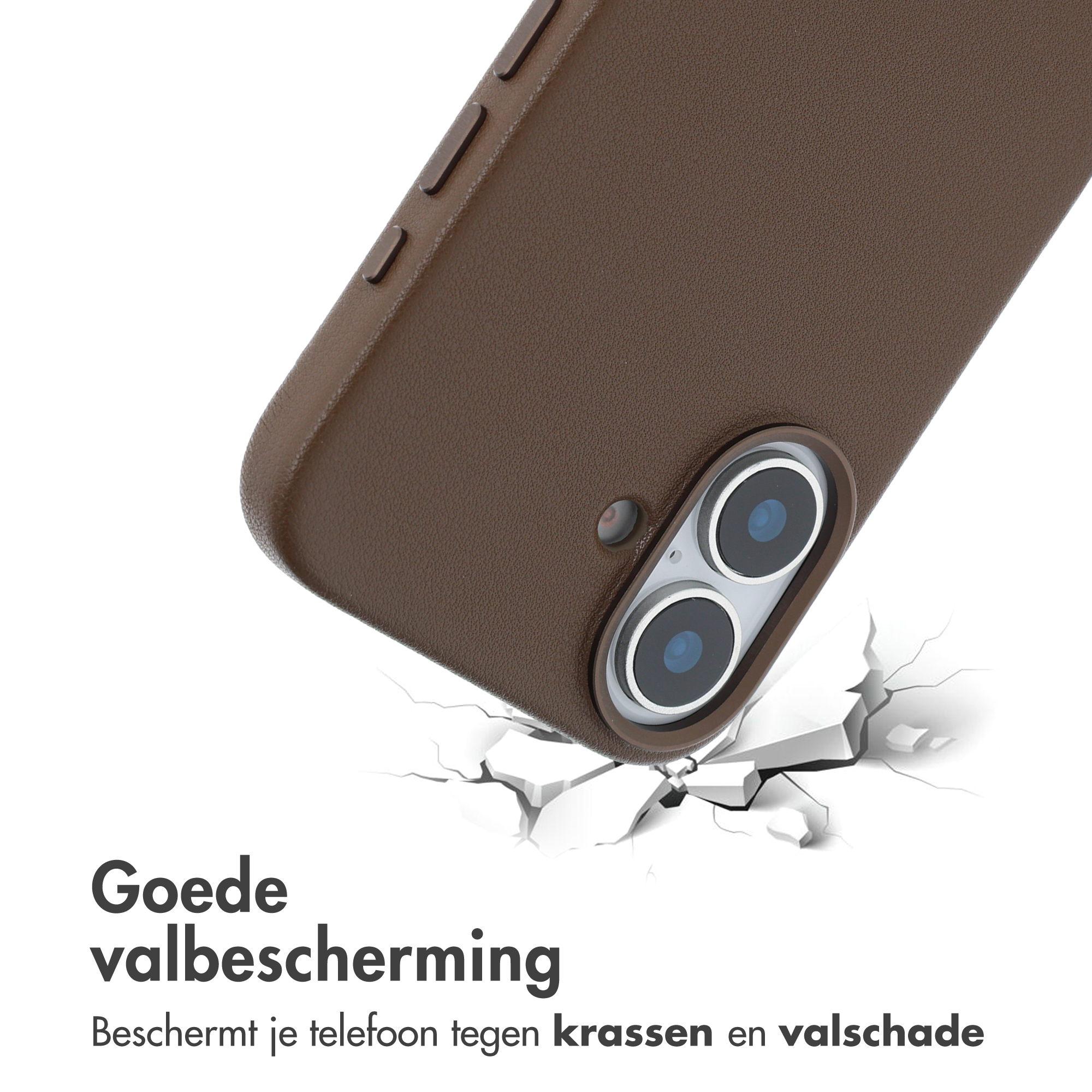 Une coque de téléphone marron est montrée, tombant apparemment et fissurant une surface. Texte néerlandais : « Bonne protection contre les chutes ».
