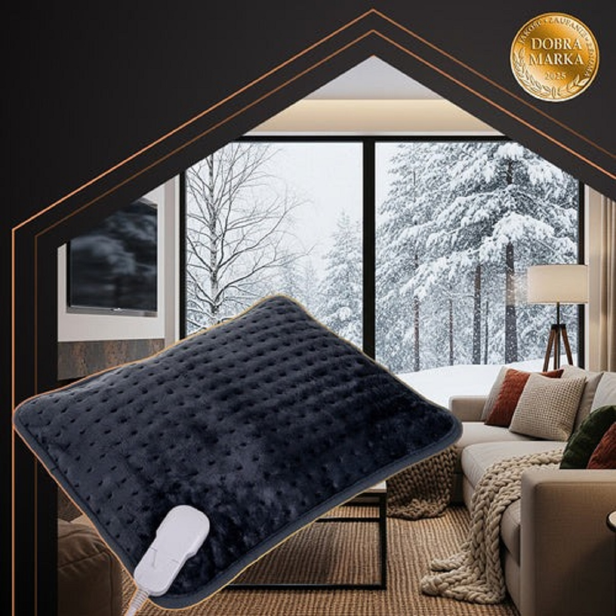 Una almohadilla térmica azul oscuro con panel de control frente a una ventana con paisaje nevado.