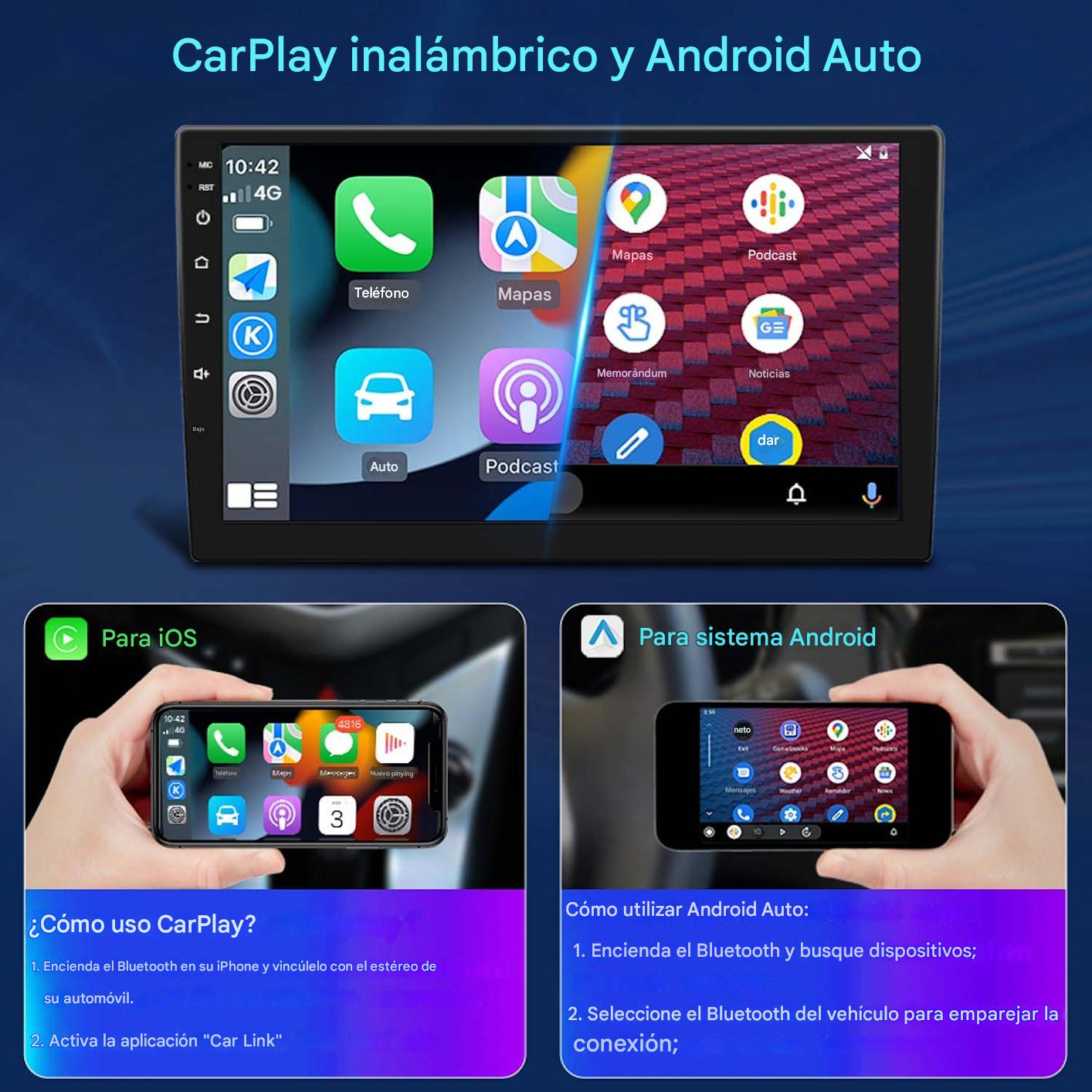 Una pantalla de estéreo de coche muestra iconos de aplicaciones, con un teléfono y una mano sosteniendo un teléfono y mostrando cómo usar Carplay y Android Auto.