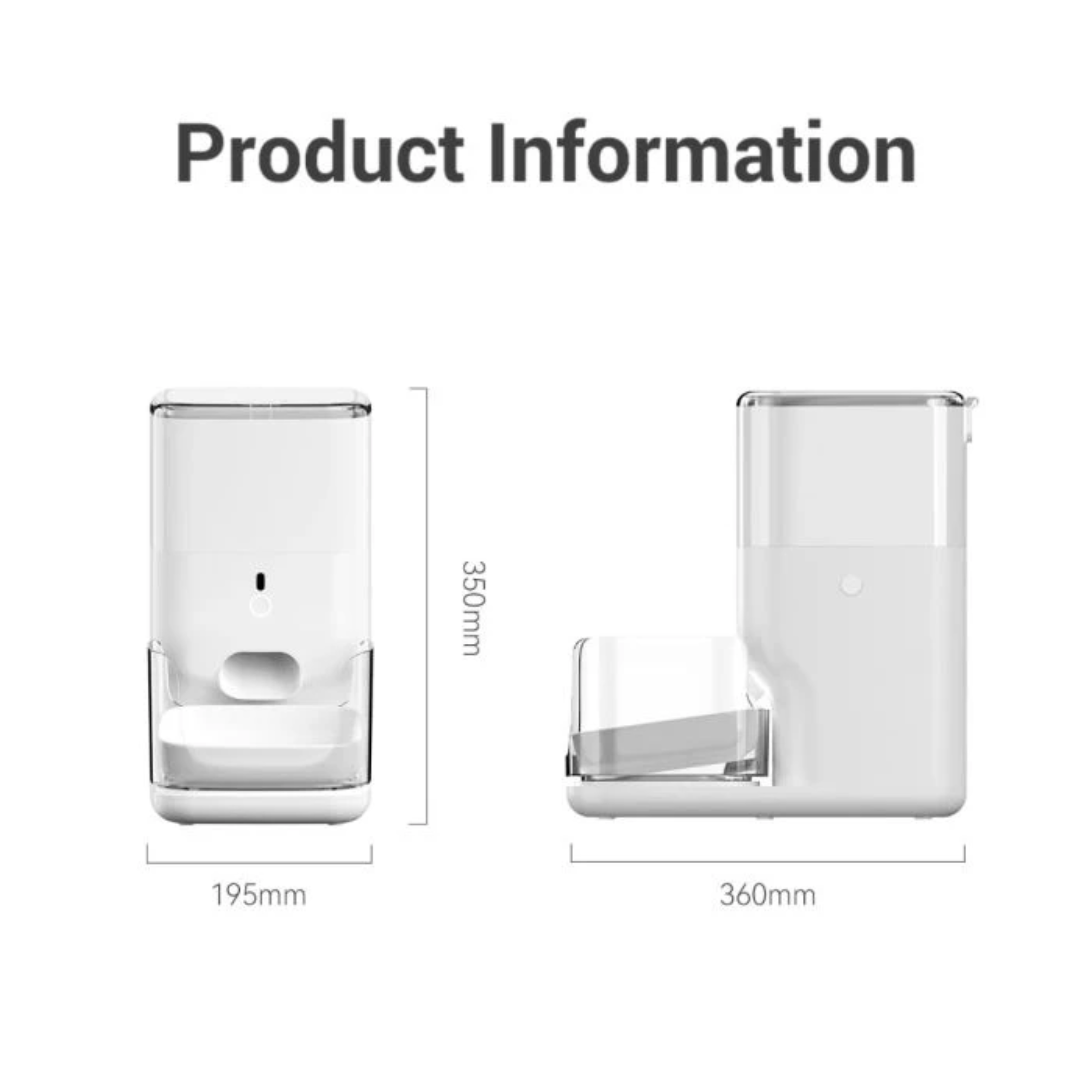 Image shows two white pet feeders with dimensions. The text 'Product Information' is at the top.