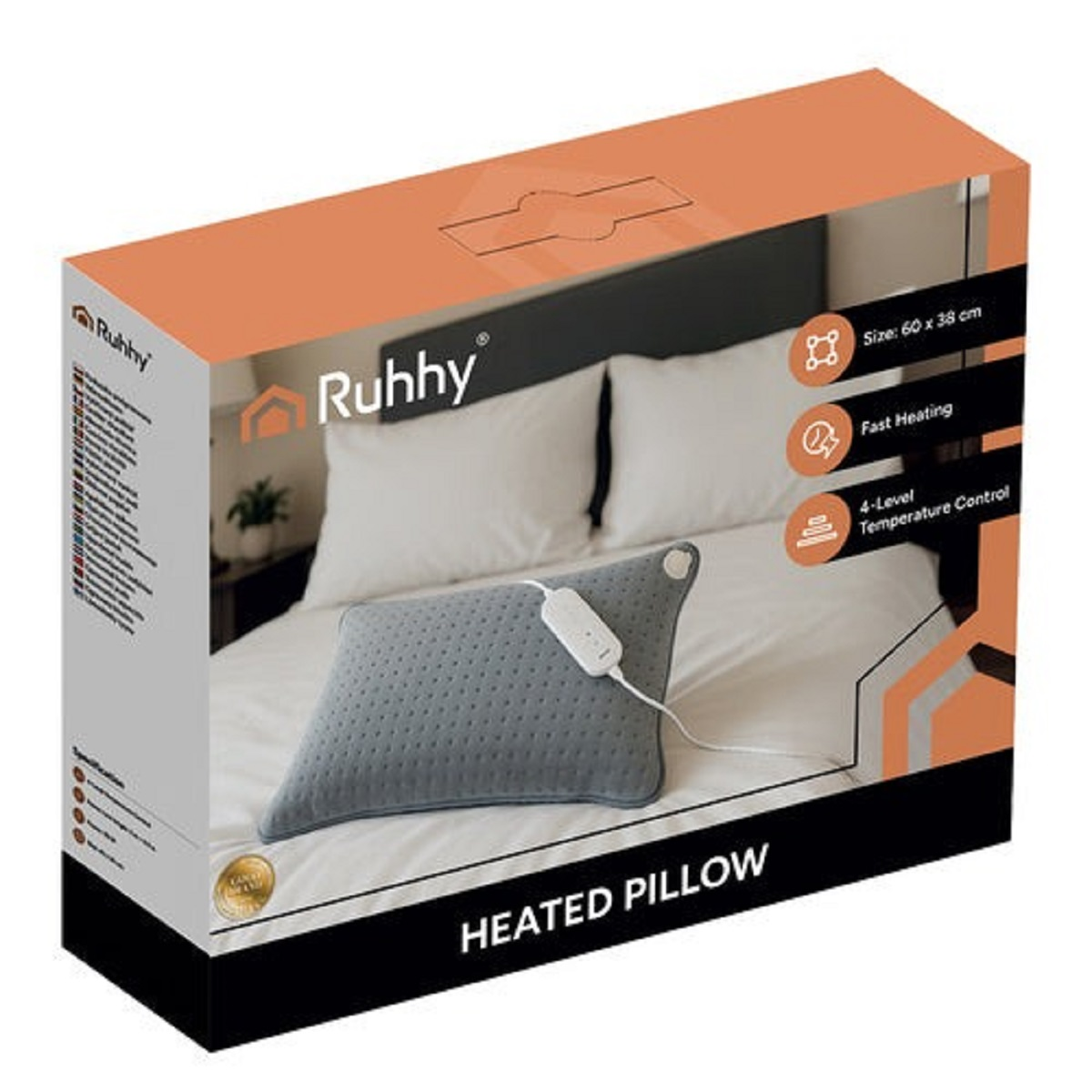 Una caja muestra una almohada térmica gris sobre una cama. El texto incluye 'Ruhhy', 'Calentamiento rápido' y 'Almohada térmica'.