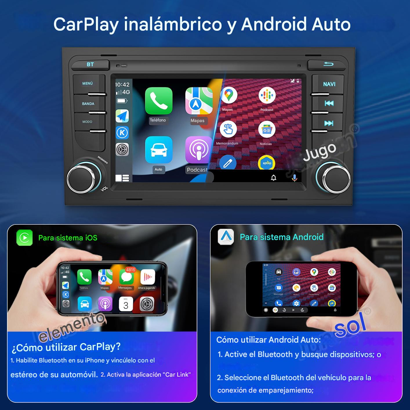 Una pantalla de radio de coche con funciones CarPlay y Android Auto, además de instrucciones para usar con dispositivos iOS y Android.