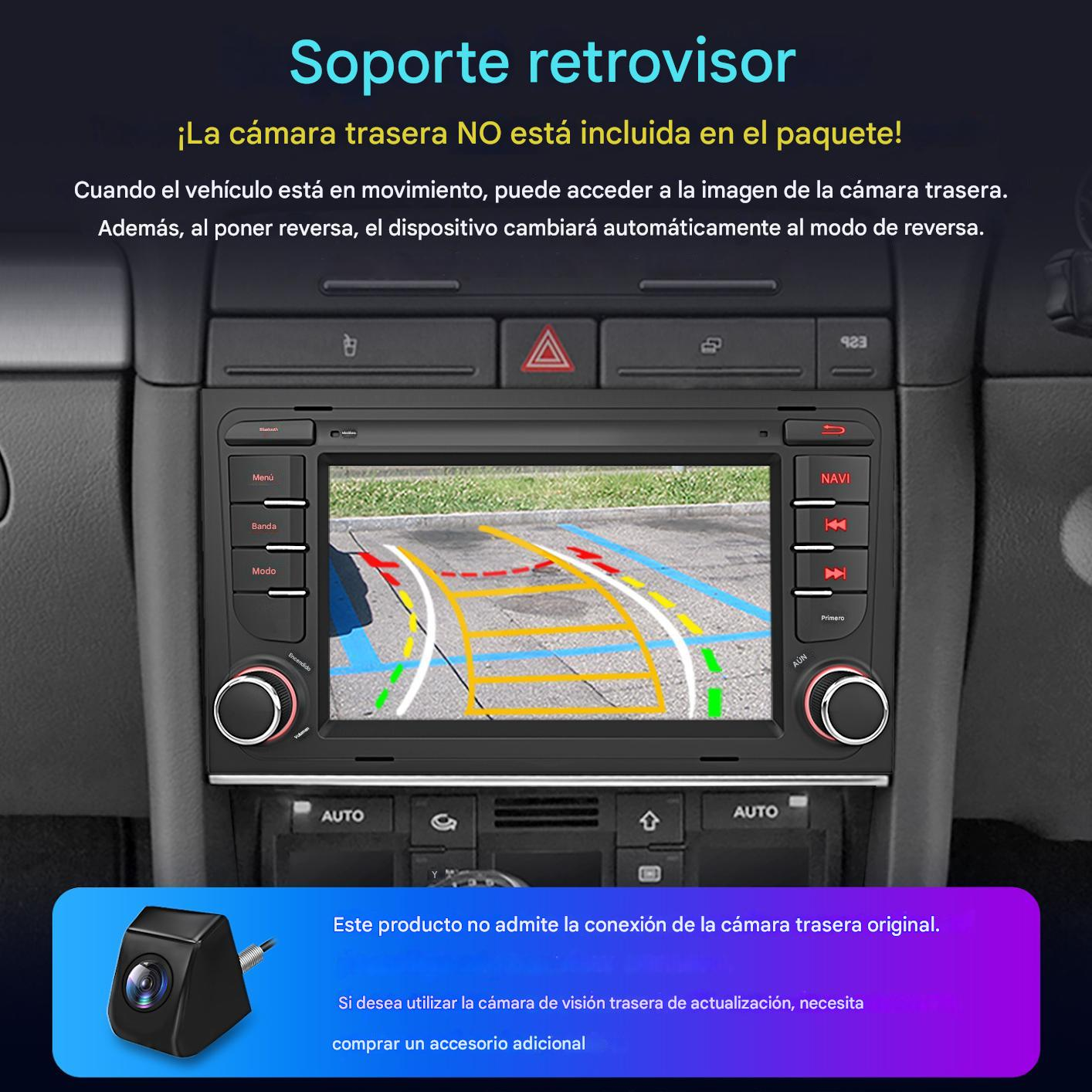 Estéreo de coche con pantalla de cámara de marcha atrás, cámara y texto en español sobre las funciones del producto.