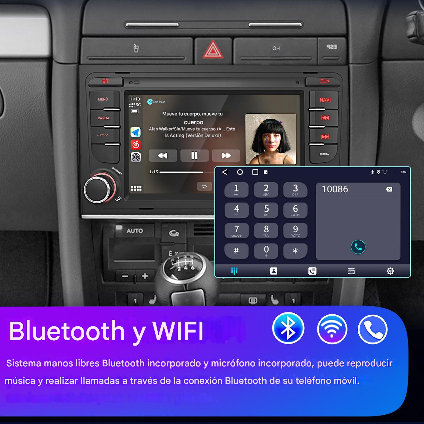 Radio de coche con marcador telefónico y reproductor de música. La pantalla muestra una canción y un número.