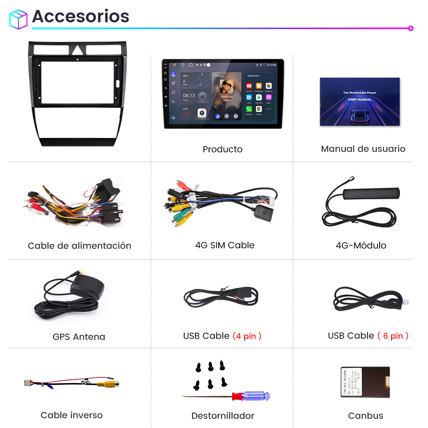 Imagen de accesorios para automóvil: pantalla, cables, antenas y herramientas. Incluye reproductor multimedia, cables y un destornillador.