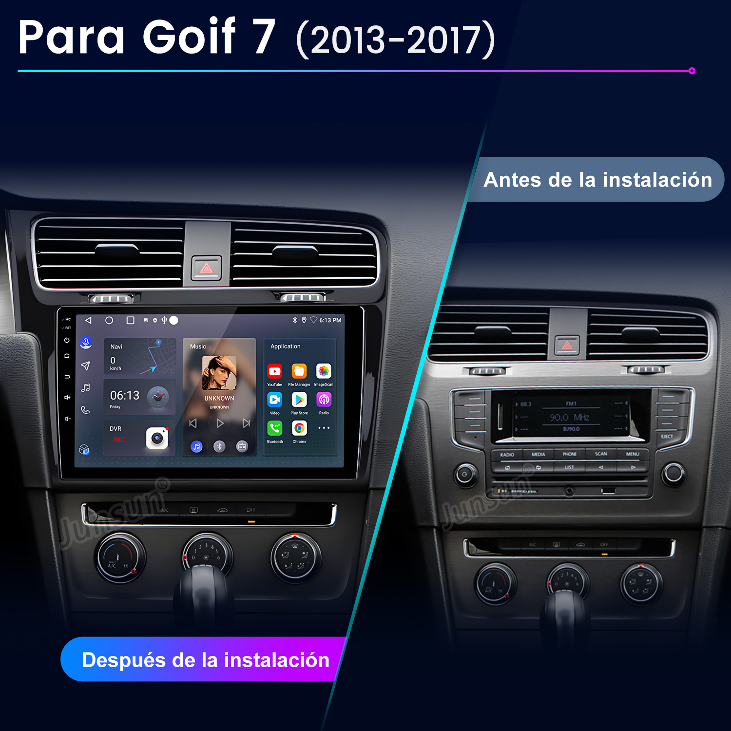 Panel del coche mostrando el antes y el después de la instalación de un nuevo sistema de infoentretenimiento. El lado izquierdo muestra el sistema instalado.