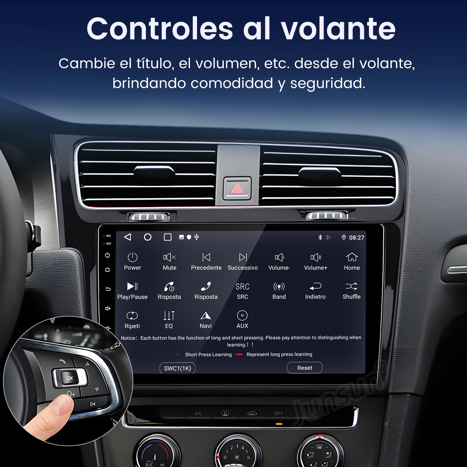 Panel de control del coche con pantalla mostrando controles. Una mano pulsa un botón en el volante.