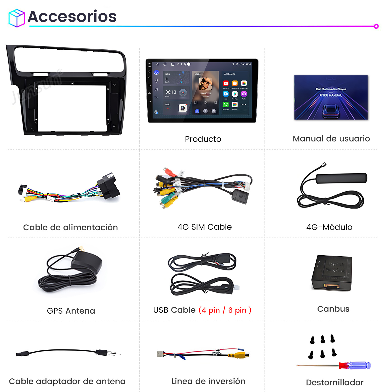 La imagen muestra accesorios para automóviles: un reproductor multimedia para automóvil, cables, antenas, un destornillador y un manual del usuario.