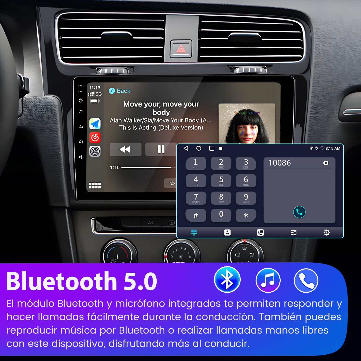 Radio de coche reproduciendo música, con interfaz telefónica, logo Bluetooth 5.0 abajo y algo de texto.