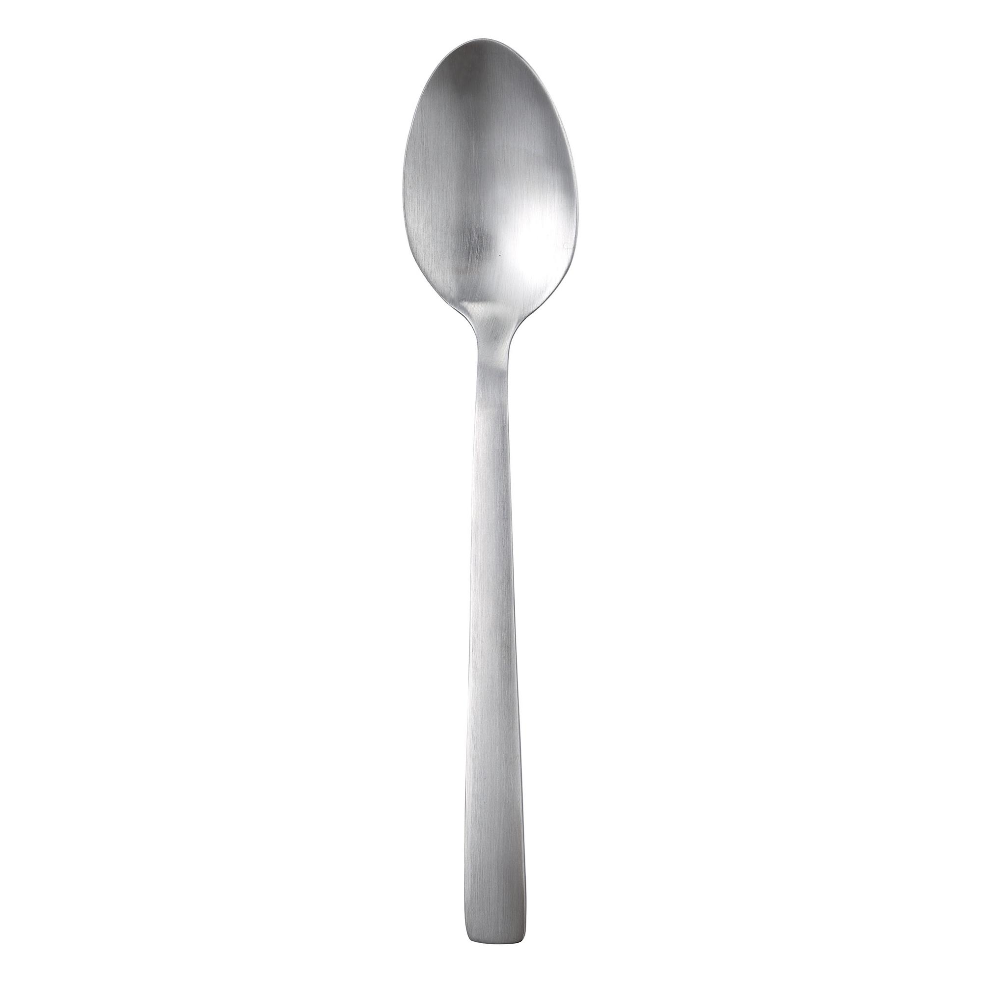 Una cuchara de acero inoxidable centrada sobre fondo blanco. La cuchara es ovalada y tiene un mango rectangular largo.