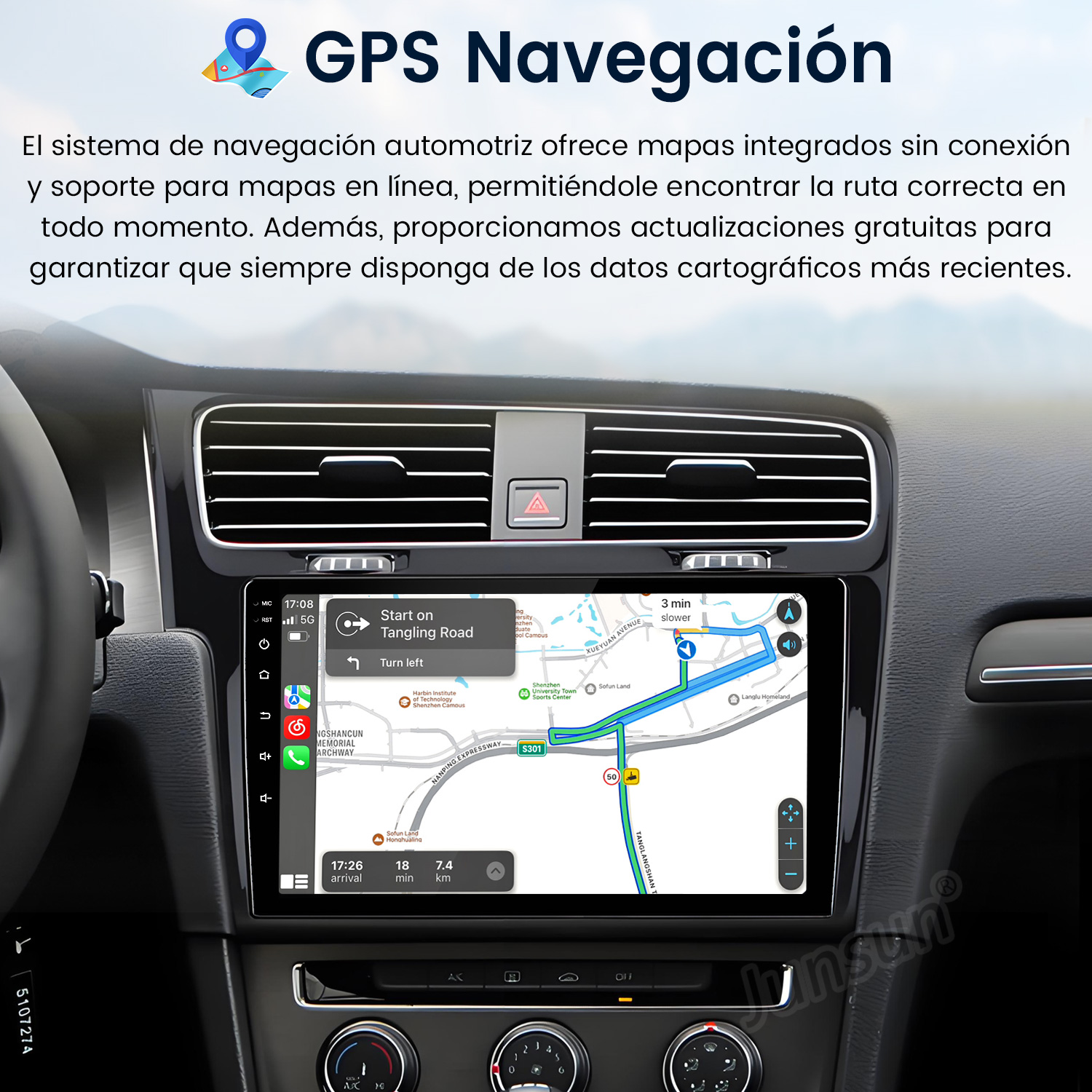 Panel de coche con navegación GPS. La pantalla muestra un mapa con indicaciones de ruta e instrucciones de giro.