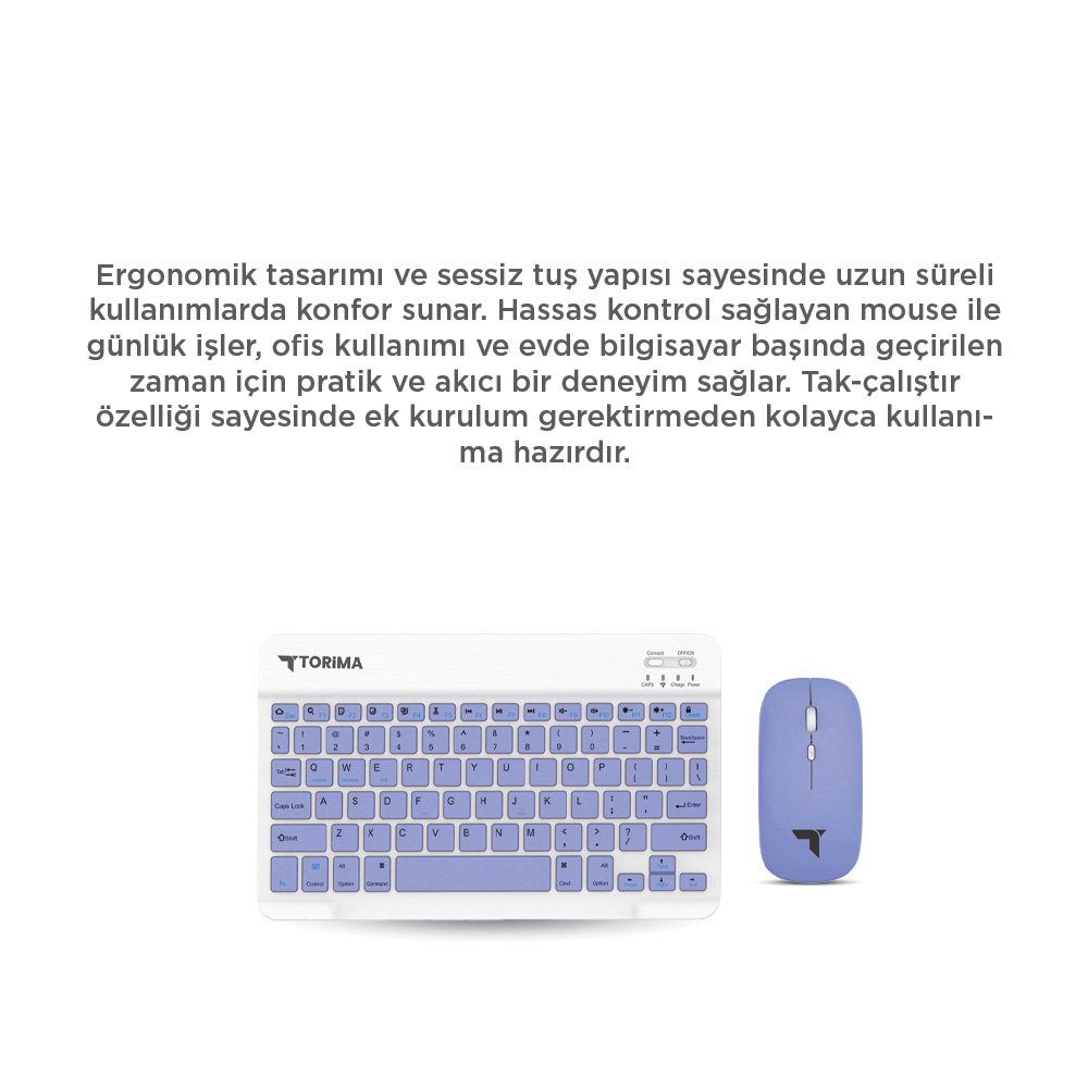 Beyaz bir klavye ve mor bir fare. Klavyenin mor tuşları var. İkisinde de Torima logosu var.