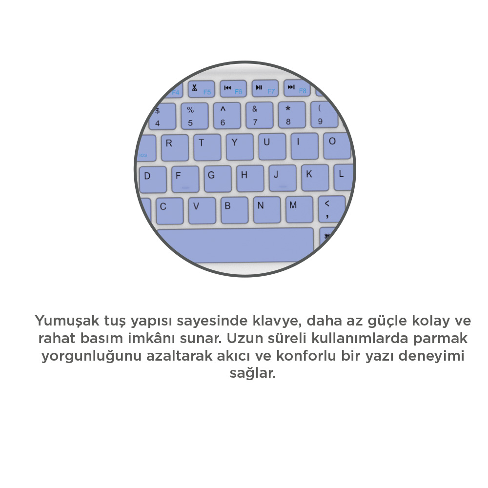 Dairesel bir klavye düzeninin yakın çekimi. Beyaz harf ve sembollere sahip mavi tuşları vardır. Arka plan beyazdır.