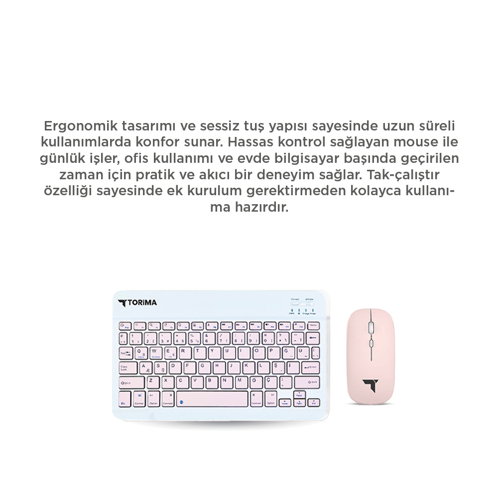 Beyaz bir yüzey üzerinde beyaz bir klavye ve pembe bir fare. Klavyenin pembe tuşları var. Farenin bir logosu var.