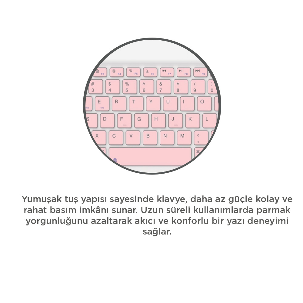 Bir daire içinde beyaz tuşlu pembe bir klavyenin yakın çekimi. Harfler, sayılar ve özel tuşlar görünür.