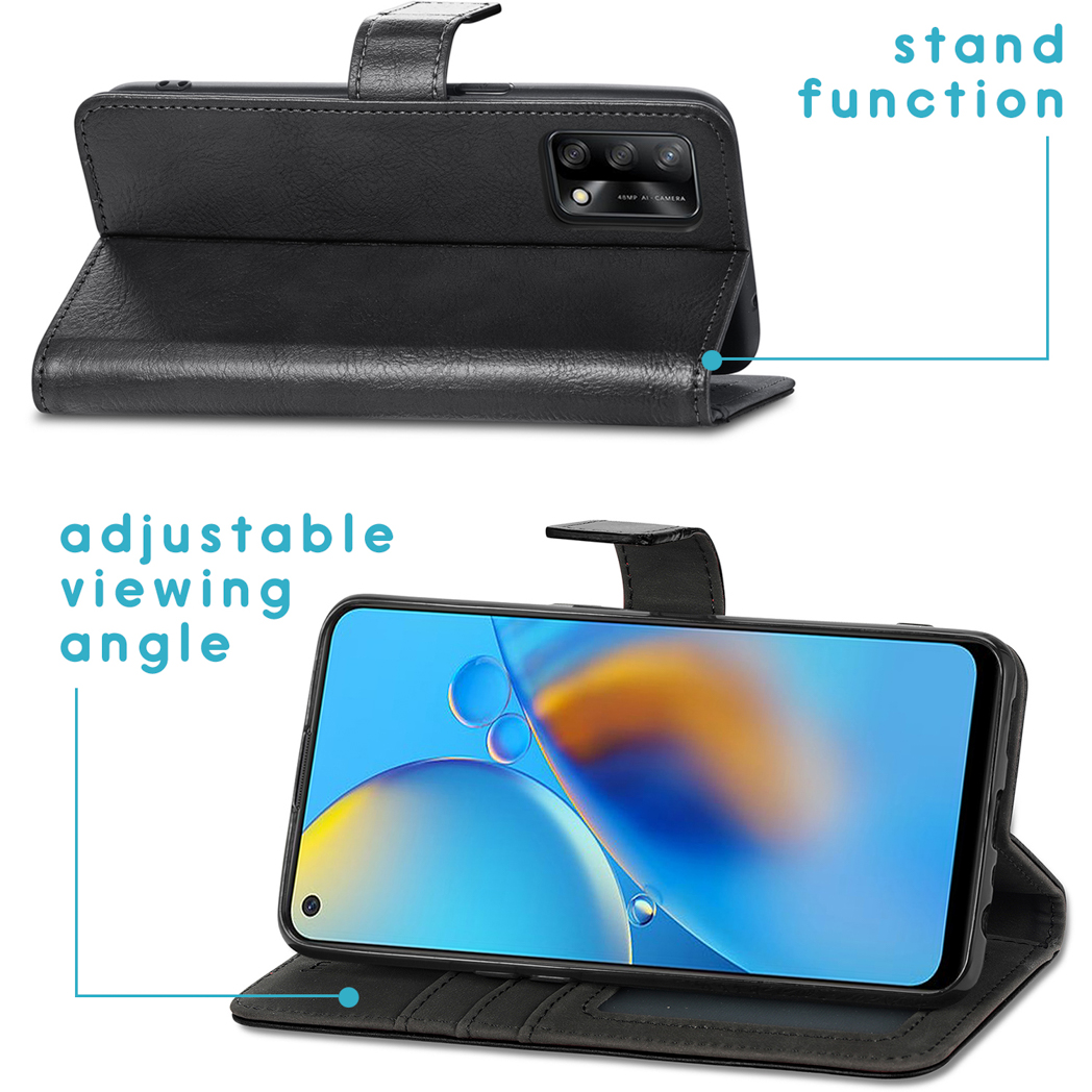 Een zwarte telefoonhoes in stand-modus. Het toont een telefoonscherm met een blauwe achtergrond. De hoes heeft een verstelbare kijkhoek.