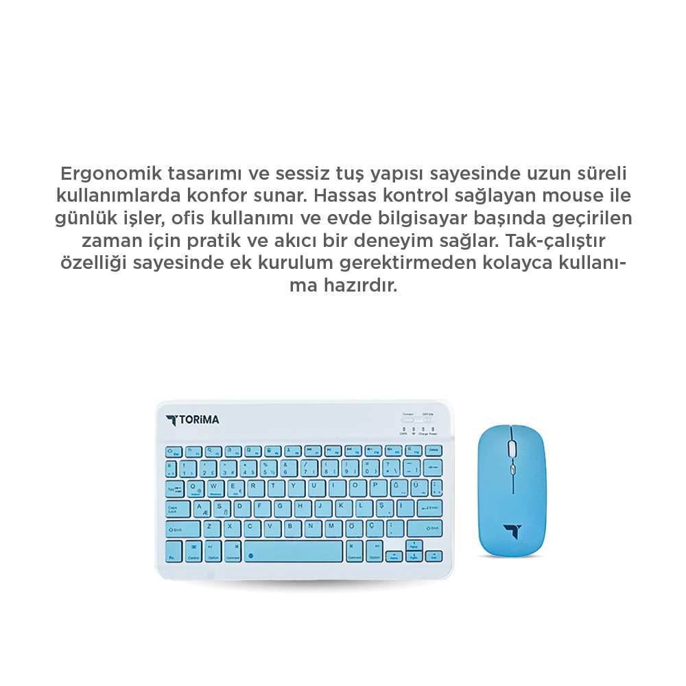 Beyaz bir klavye ve mavi bir fare beyaz bir yüzeyde. Metin, ergonomik tasarım ve sessiz tuşları anlatıyor.