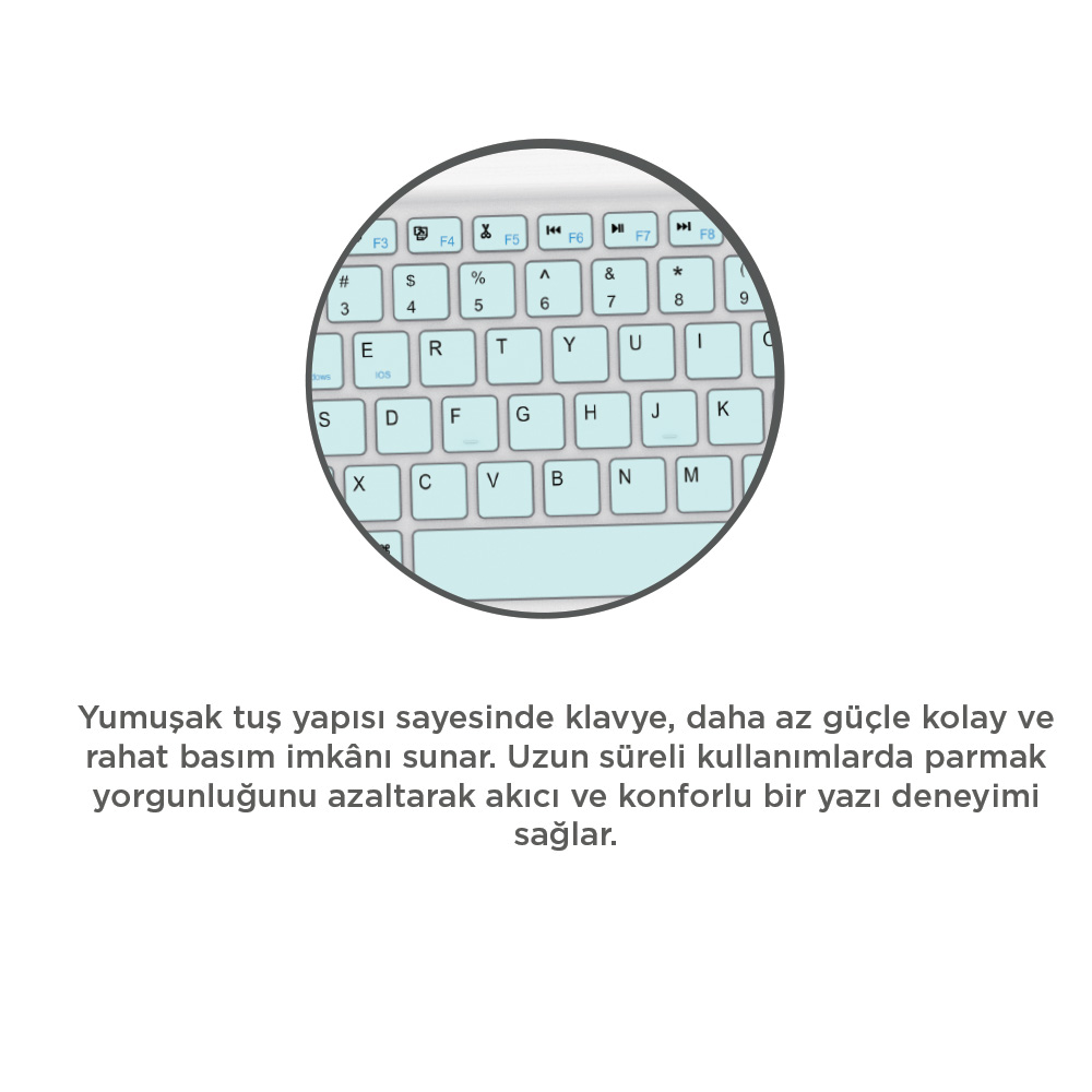 Bir daire içindeki bir klavyenin yakın çekimi, harfler ve semboller içeren tuşları gösteriyor. Arka plan beyaz.