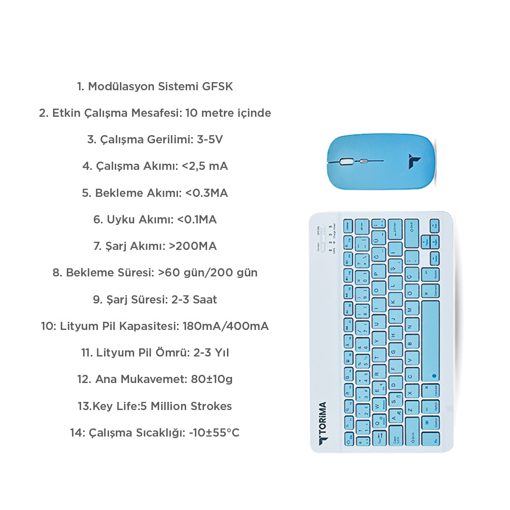 TORIMA TMK-04 Kablosuz Kablosuz Klavye ve Mouse Seti Mavi